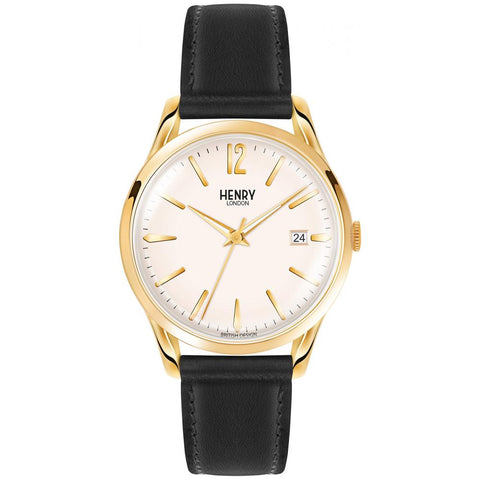 HENRY LONDON’S 39MM WRISTWATCH FROM THE WESTMINSTER COLLECTION COMPLETE WITH A SILVER WHITE DIAL. WITH A GOLD CASE AND DOUBLE DOMED ACRYLIC LENS, IT IS FINISHED OFF WITH A BLACK LEATHER STRAP.