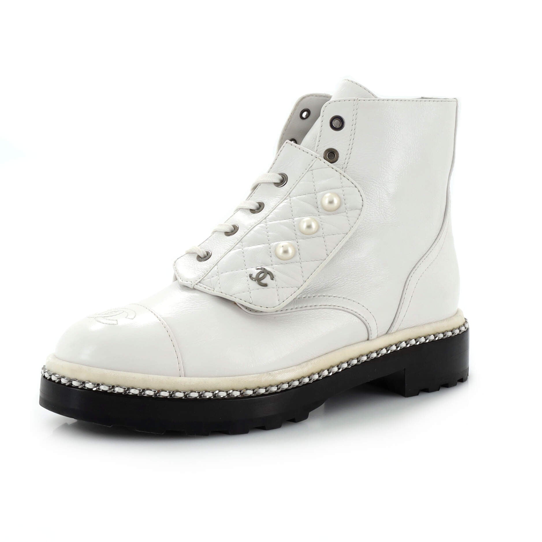 Women's Cap Toe CC Chain Around Pearl Combat Boots Leather