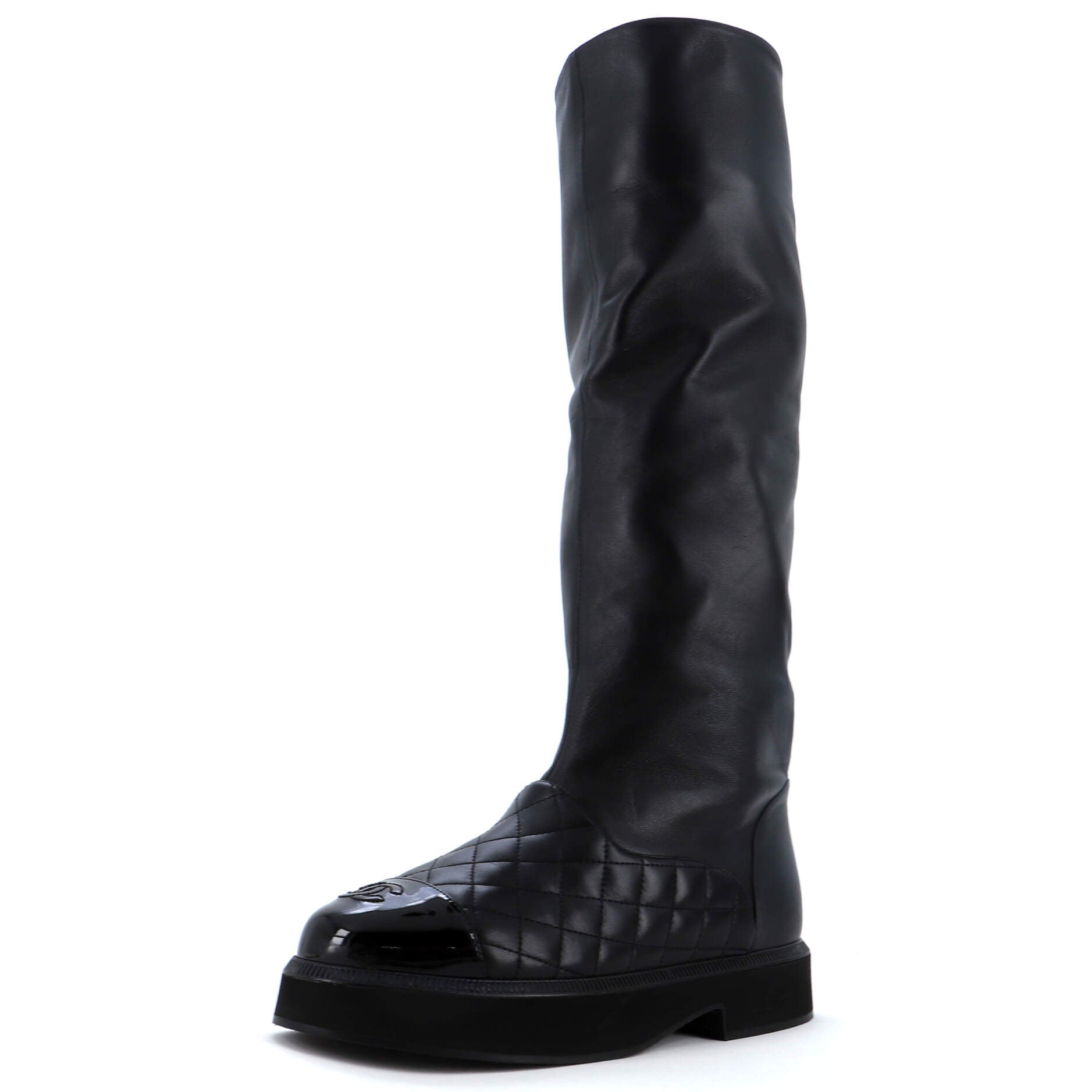 Women's CC Cap Toe Knee High Boots Quilted Leather with Patent and Knit