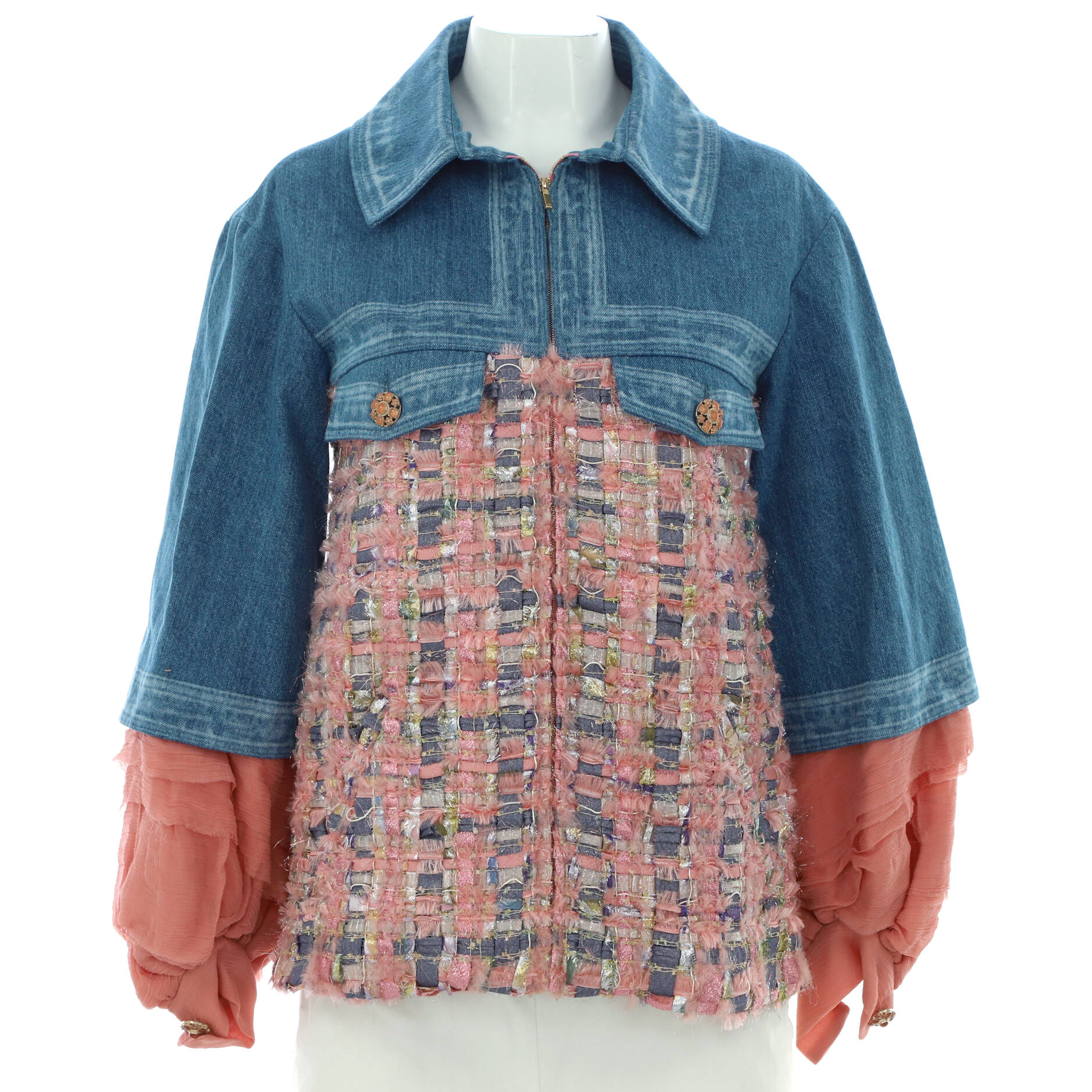 Women's Two-Pocket Zip Jacket Denim with Tweed and Chiffon