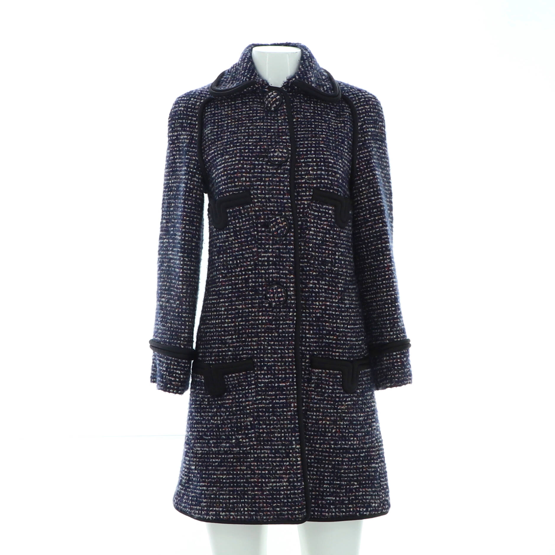 Women's Four Pocket Trim Detail Collared Button Up Coat Tweed with SIlk