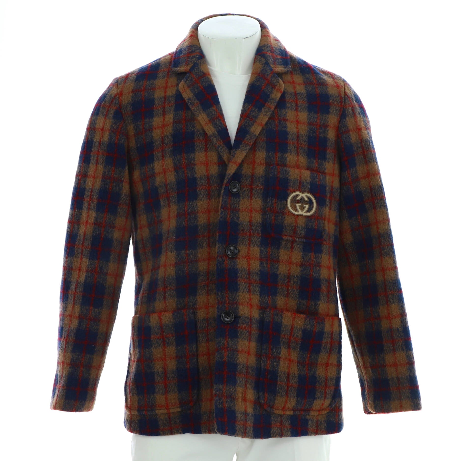 Men's GG Checked Button Up Blazer Wool Blend