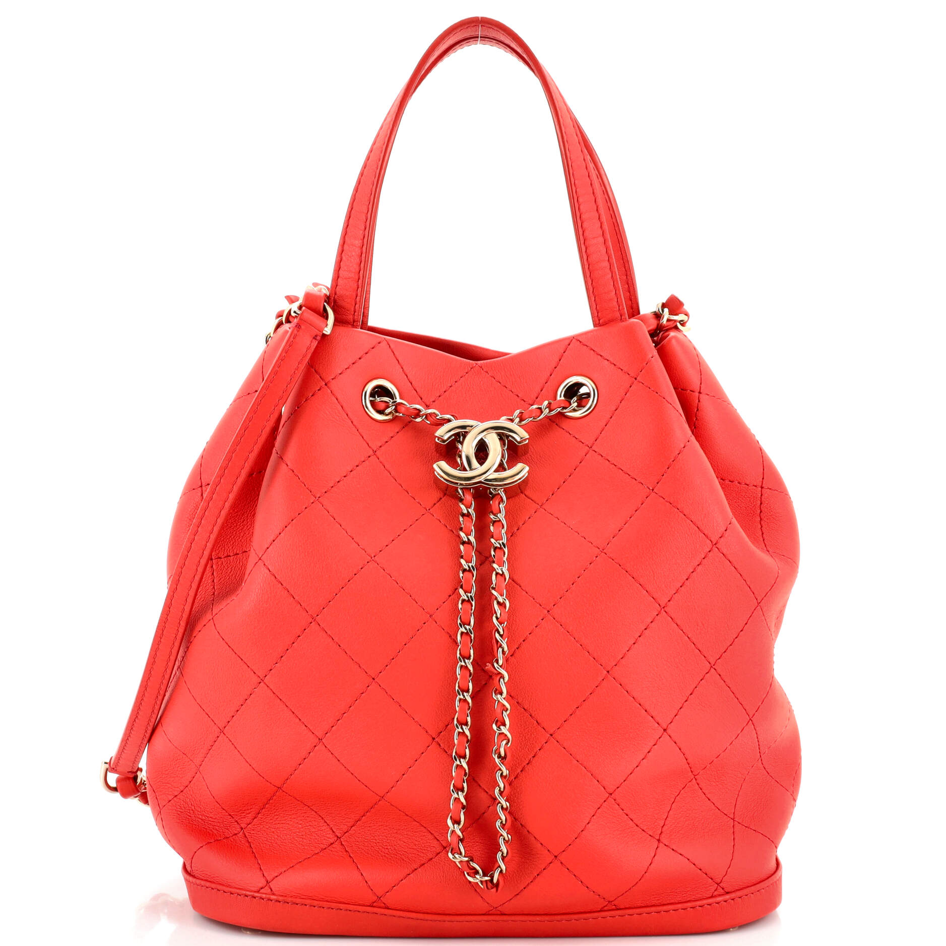 CC Drawstring Bucket Bag Quilted Calfskin Small