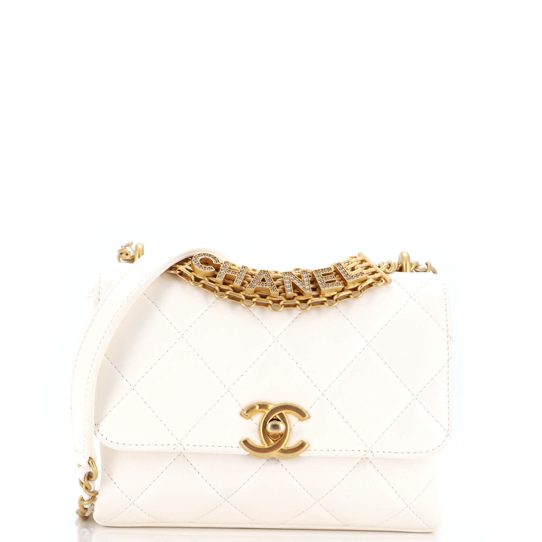 Crystal Logo Letters Chain Handle Flap Bag Quilted Lambskin Mini