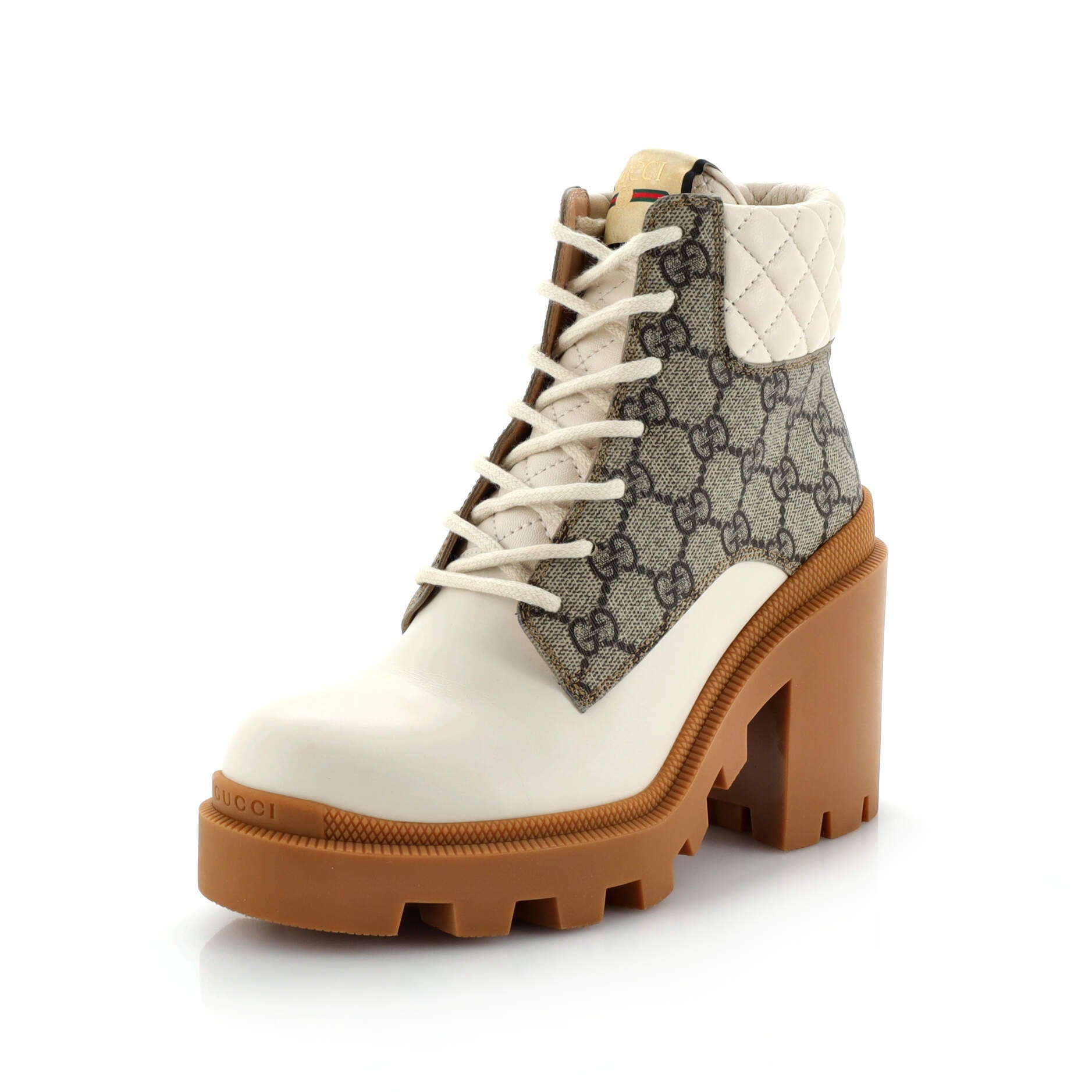 Women's Lace Up Heeled Ankle Boots GG Coated Canvas with Quilted Leather