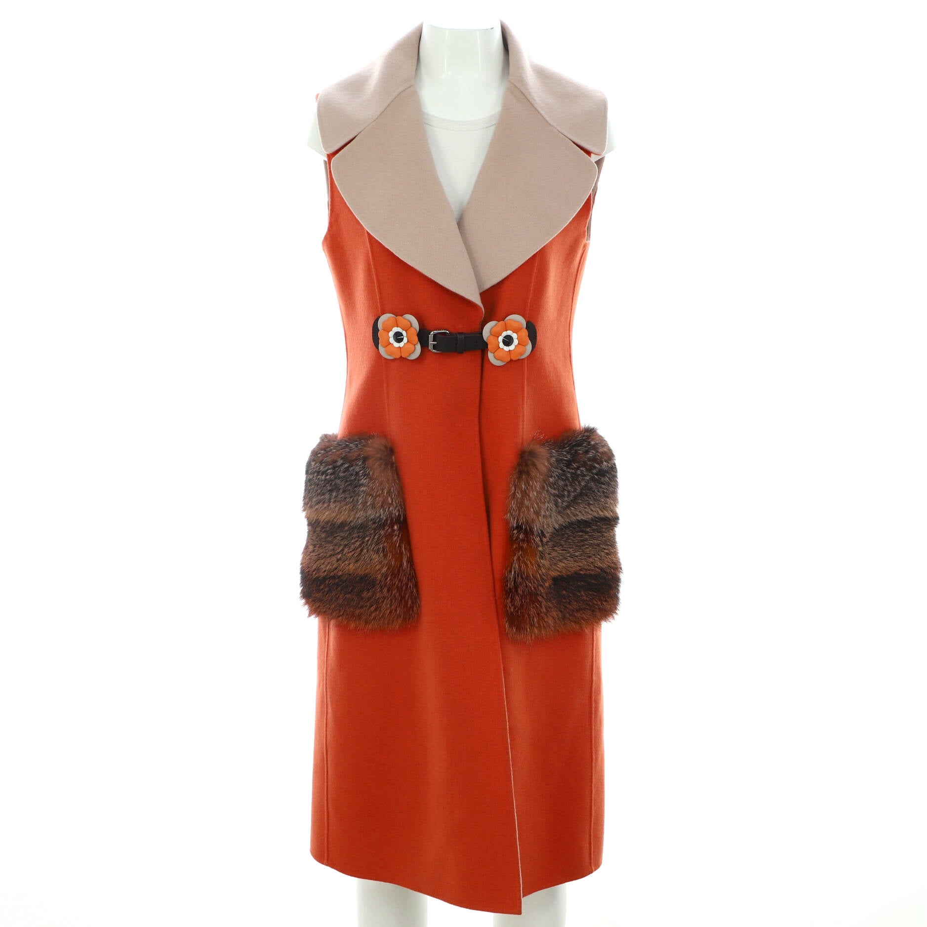 Women's Two Pocket Belted Sleeveless Coat Wool with Fur