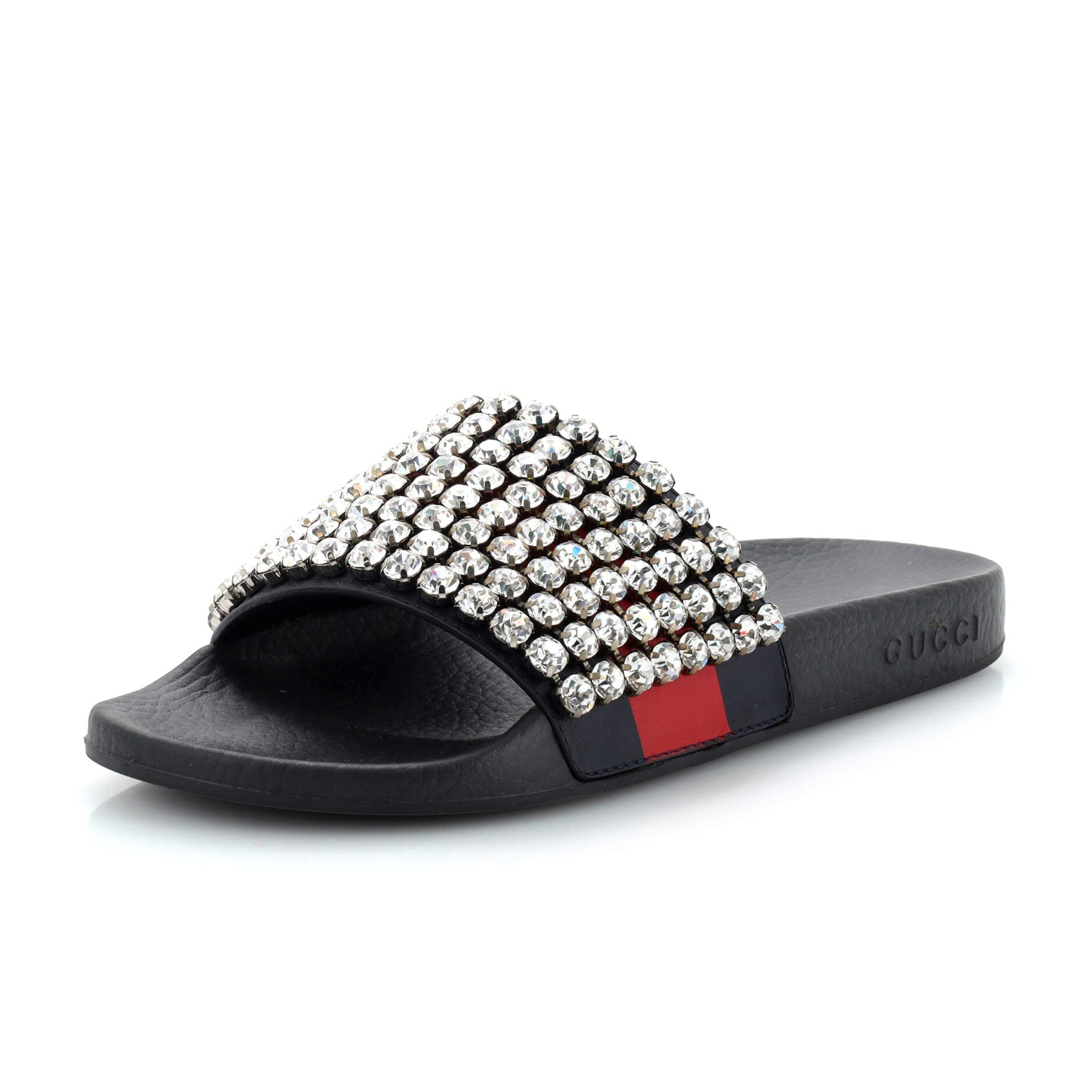Women's Web Slide Sandals Leather and Rubber with Crystals