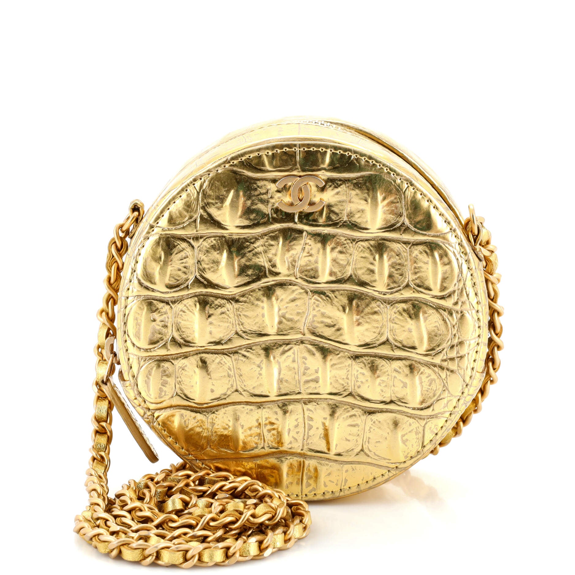 Round Clutch with Chain Crocodile Embossed Metallic Calfskin