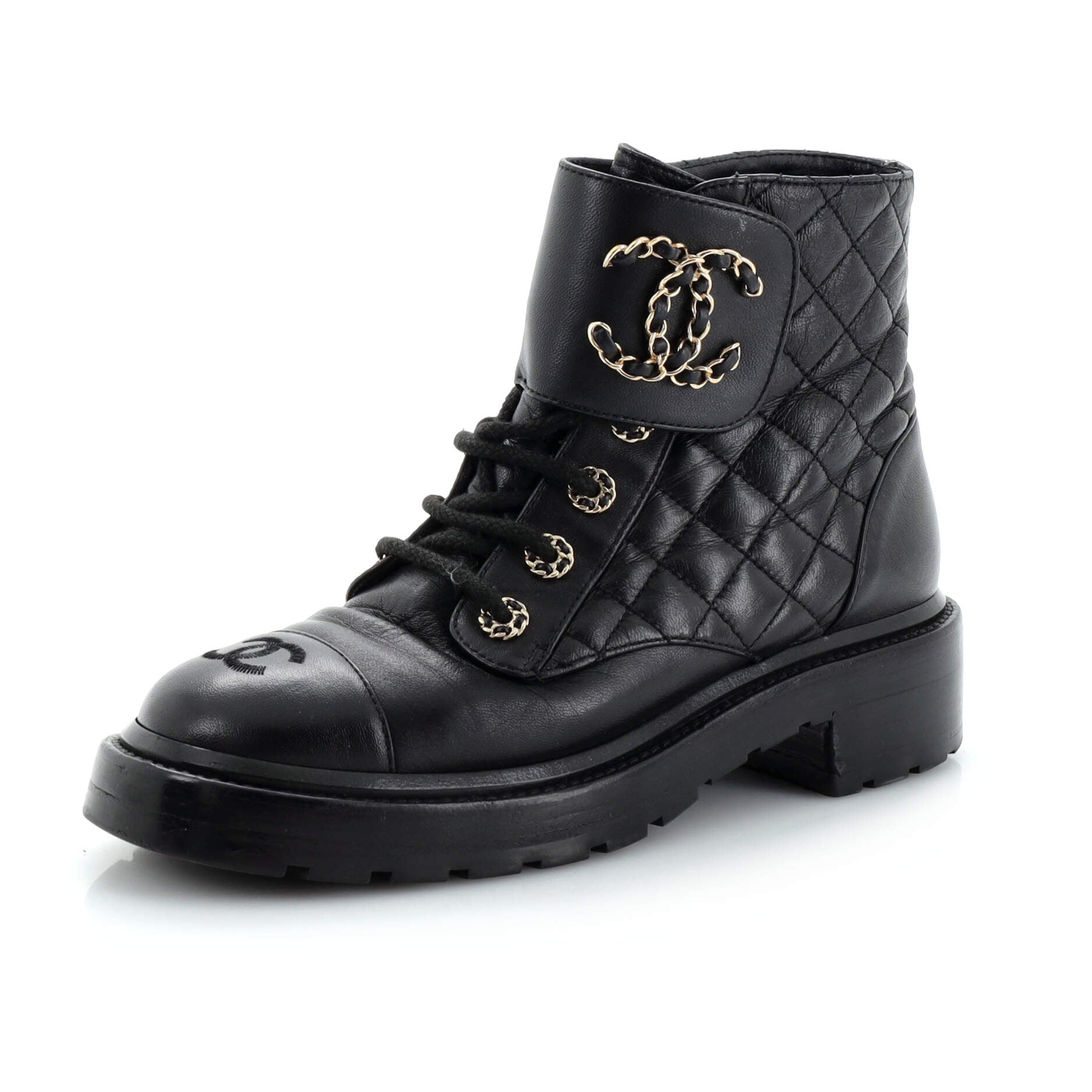 Women's Chain CC Cap Toe Lace Up Combat Boots Quilted Leather