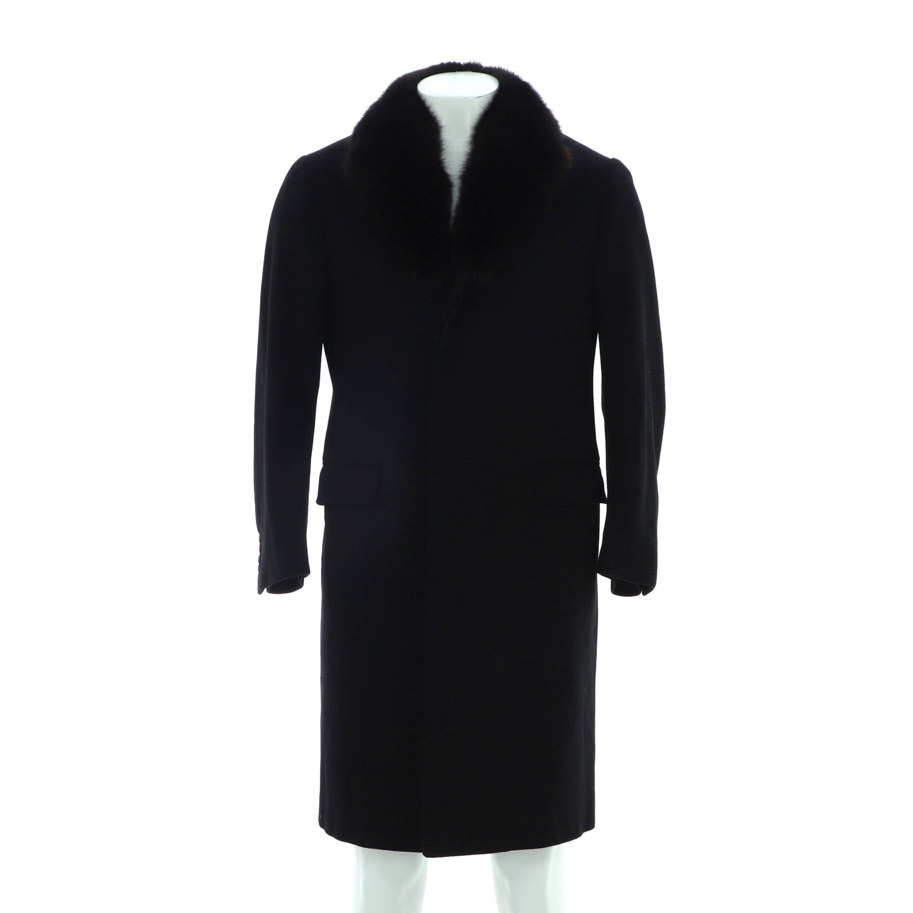 Men's Two Pocket Long Coat Wool and Cashmere Blend with Fox Fur