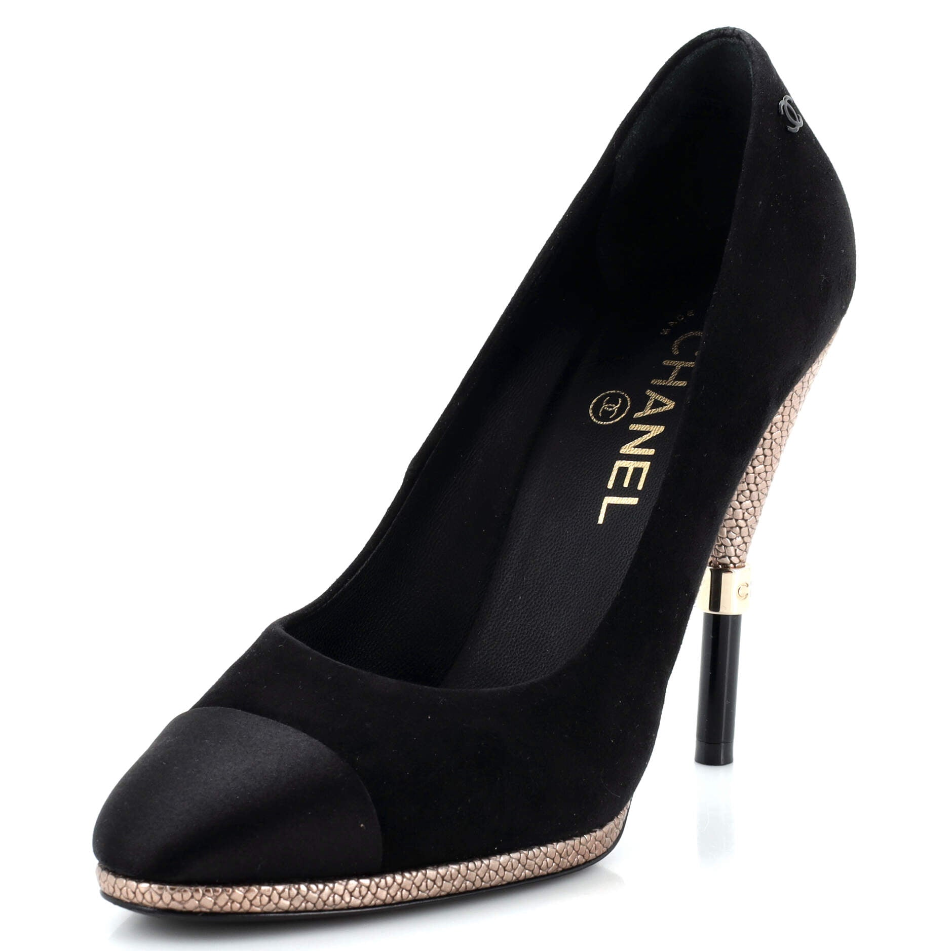 Women's CC Cap Toe Logo Heel Pumps Suede with Satin and Embossed Leather