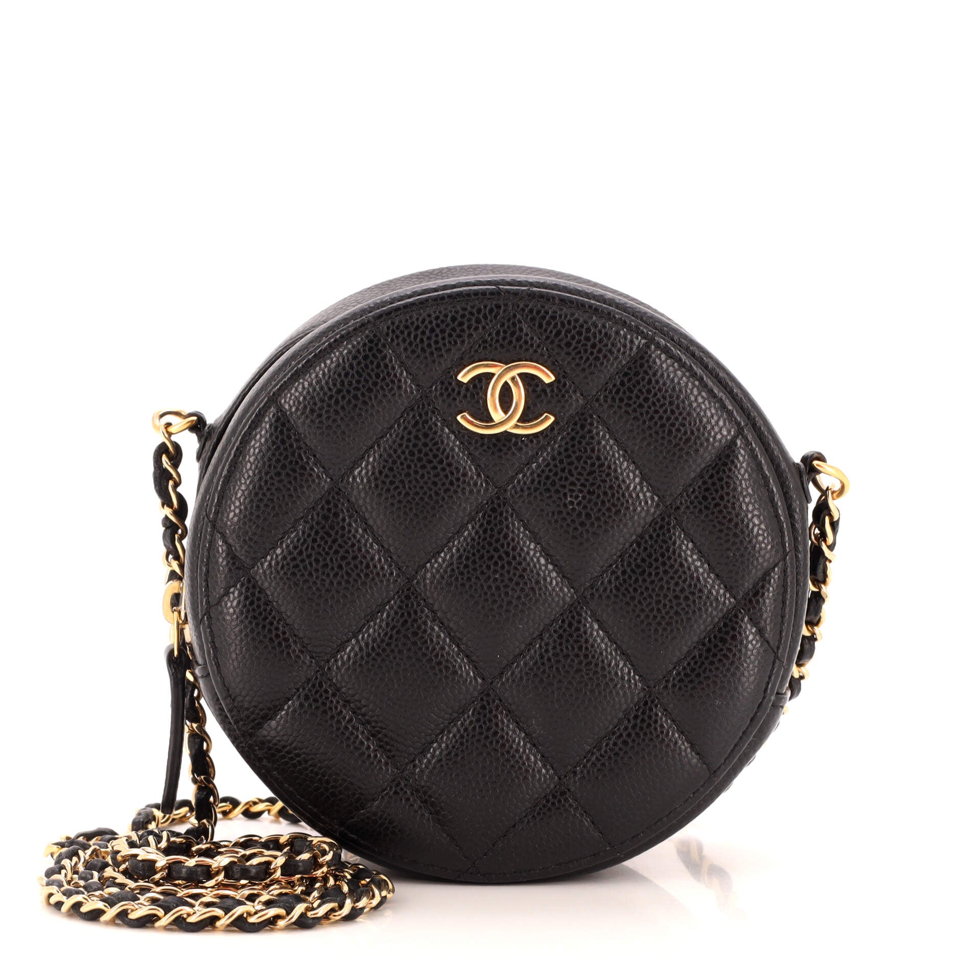 Miss Coco Round Clutch with Chain Quilted Caviar Mini