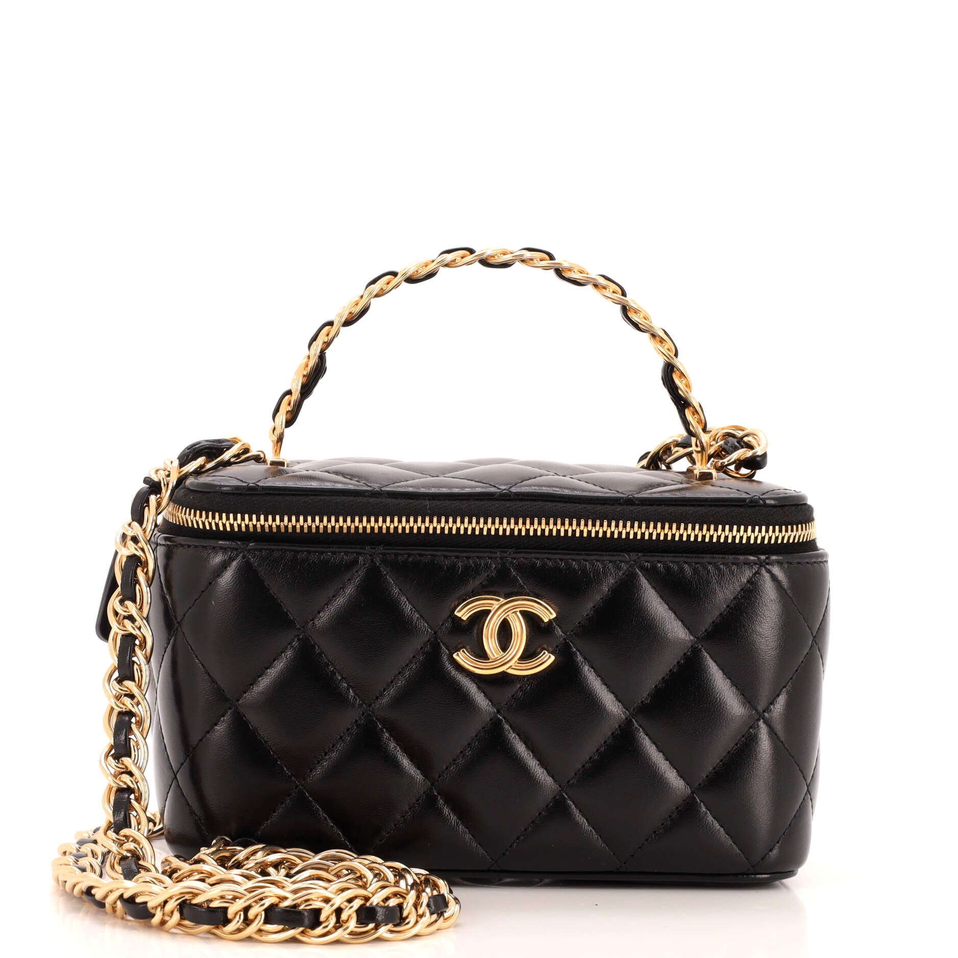 Top Handle Vanity Case with Woven Double Chain Quilted Lambskin Small