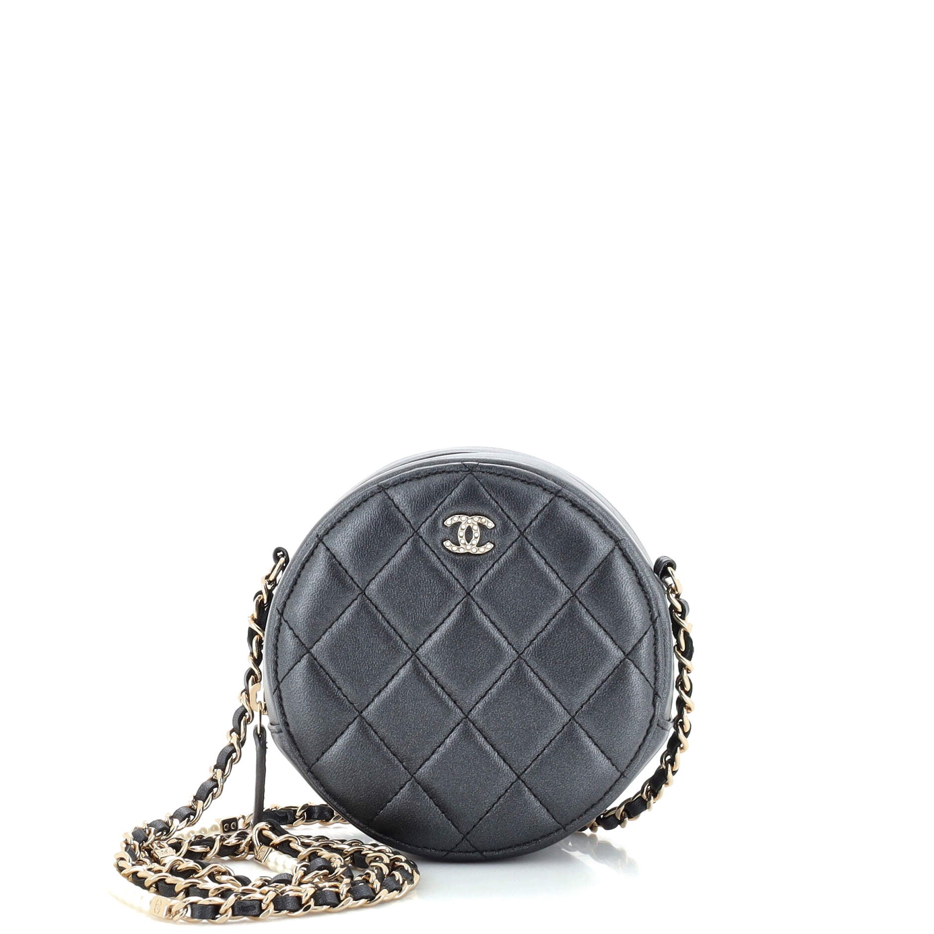 Pearl Strap Round Clutch with Chain Quilted Iridescent Lambskin