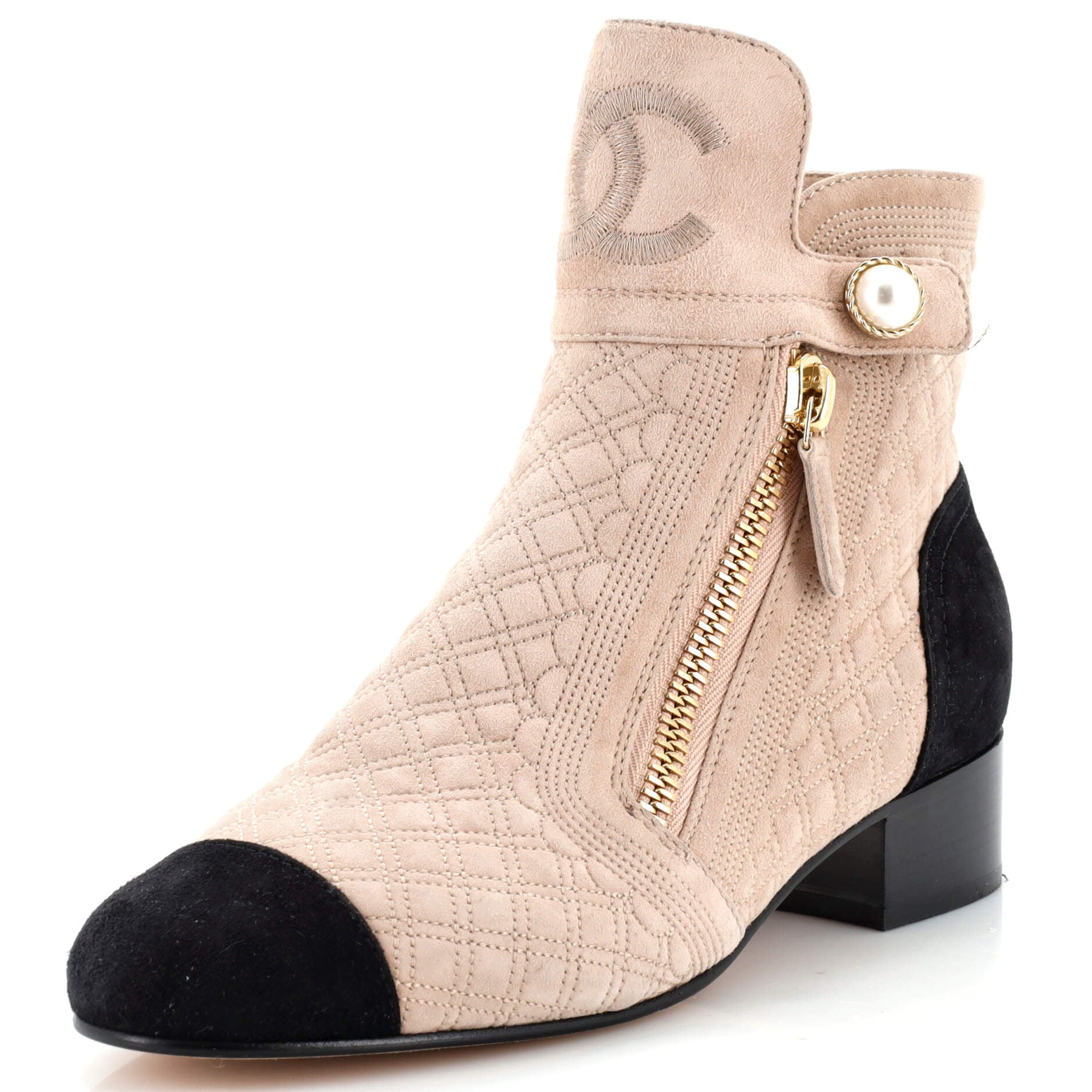 Women's Pearl Detail CC Cap Toe Short Ankle Boots Quilted Suede