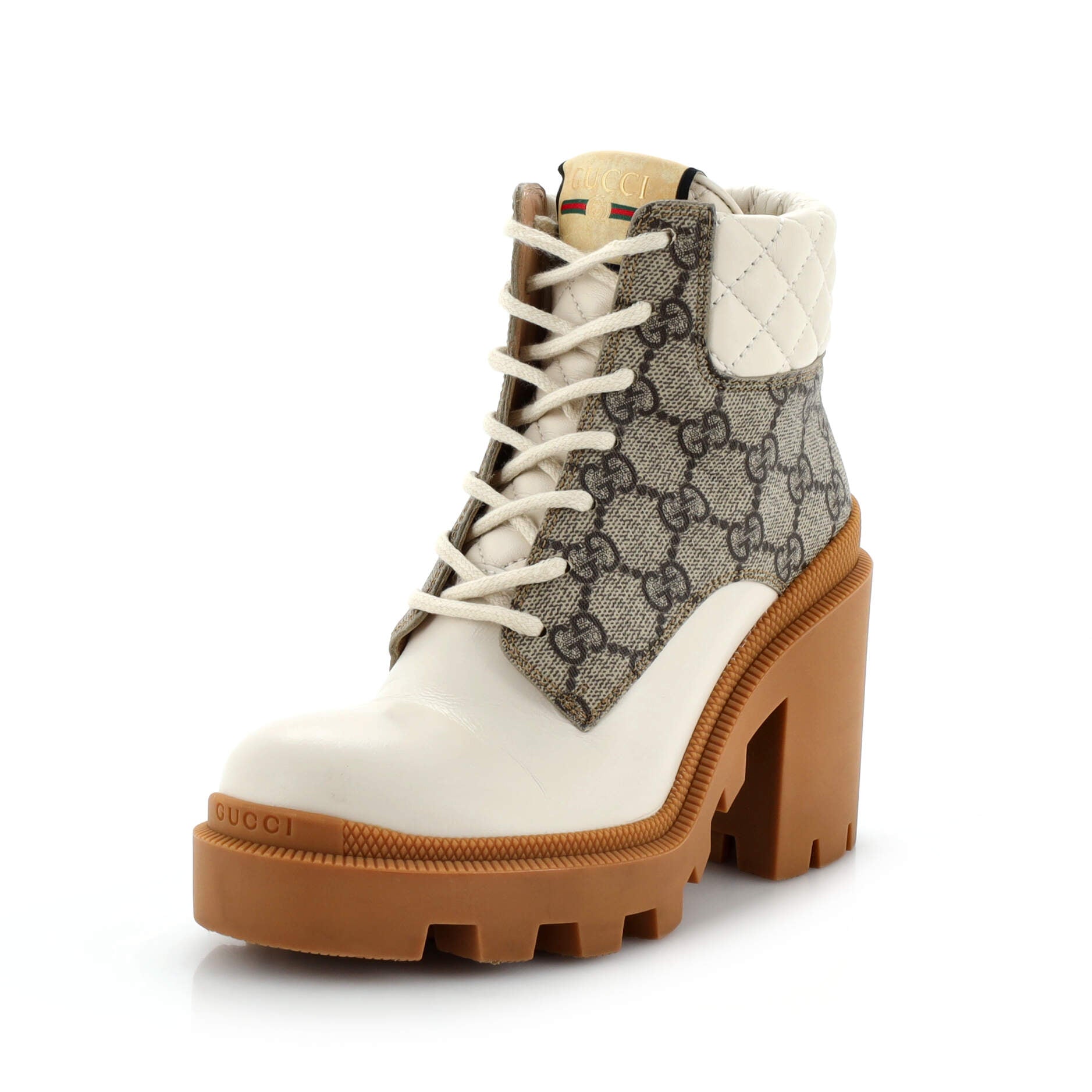 Women's Lace Up Heeled Ankle Boots GG Coated Canvas with Quilted Leather