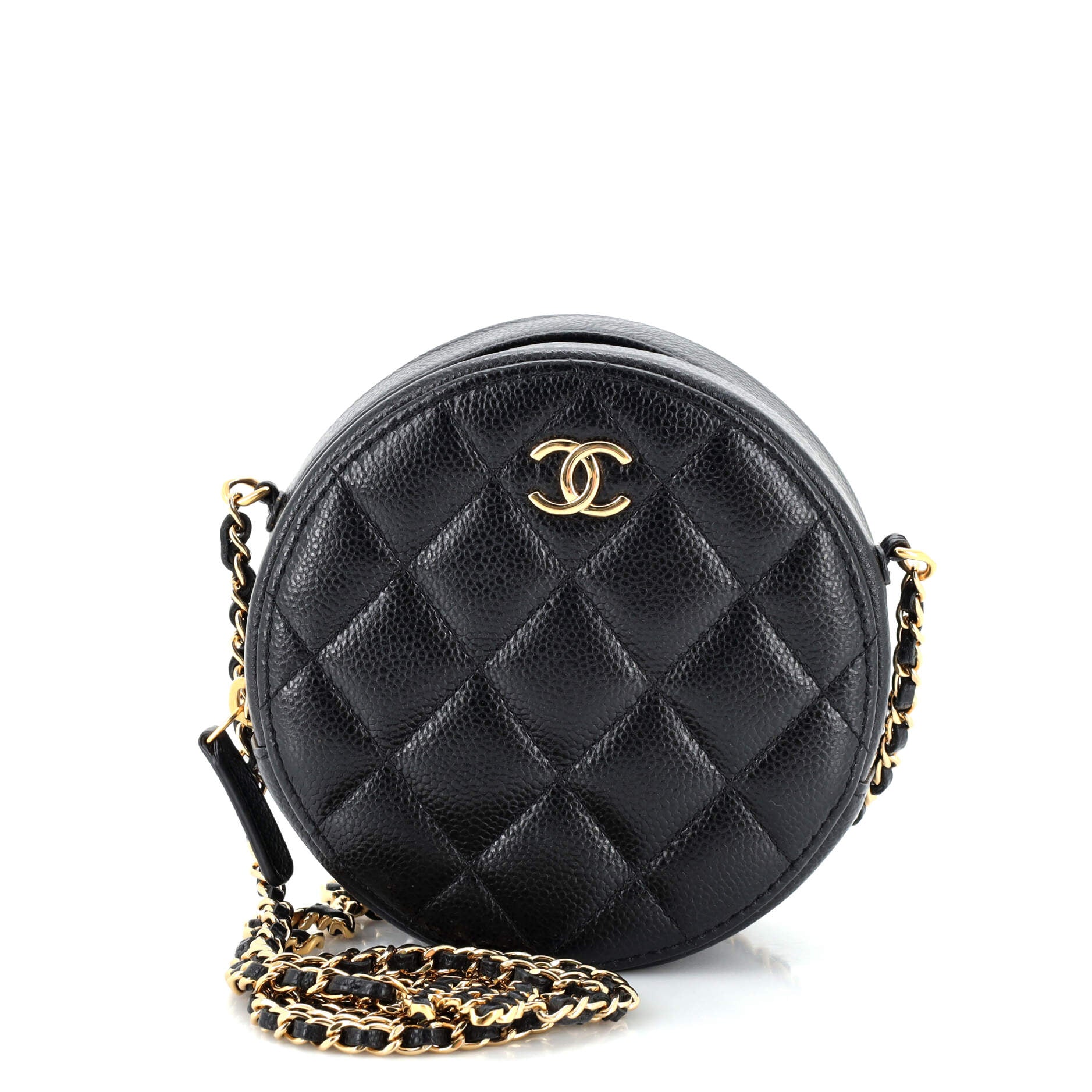 Miss Coco Round Clutch with Chain Quilted Caviar Mini