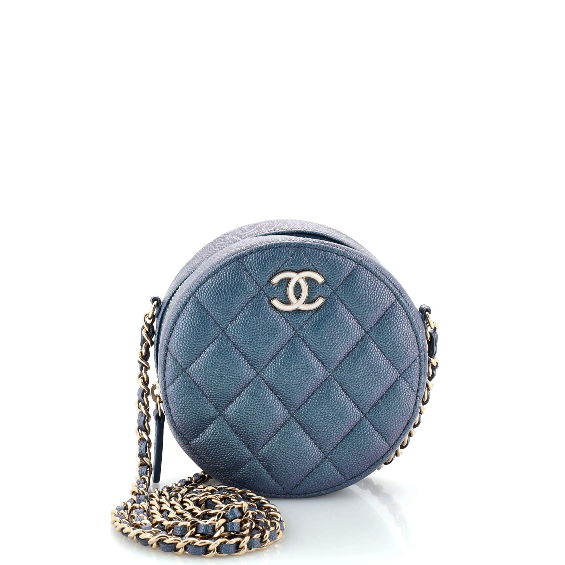 Round Clutch with Chain Quilted Iridescent Caviar Mini