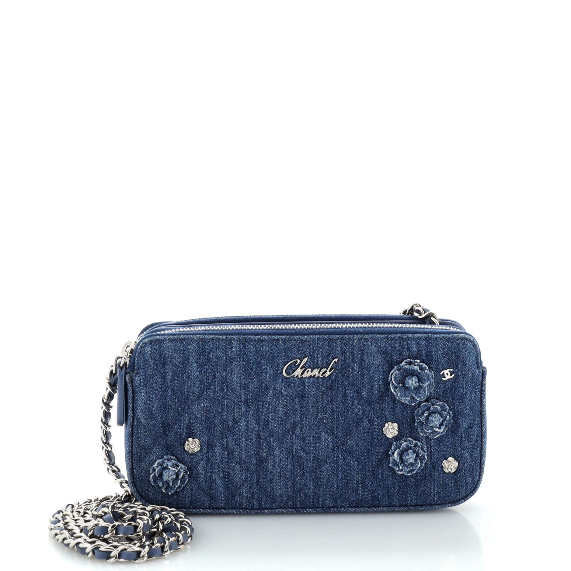 Camellia Charms Double Zip Clutch with Chain Quilted Denim