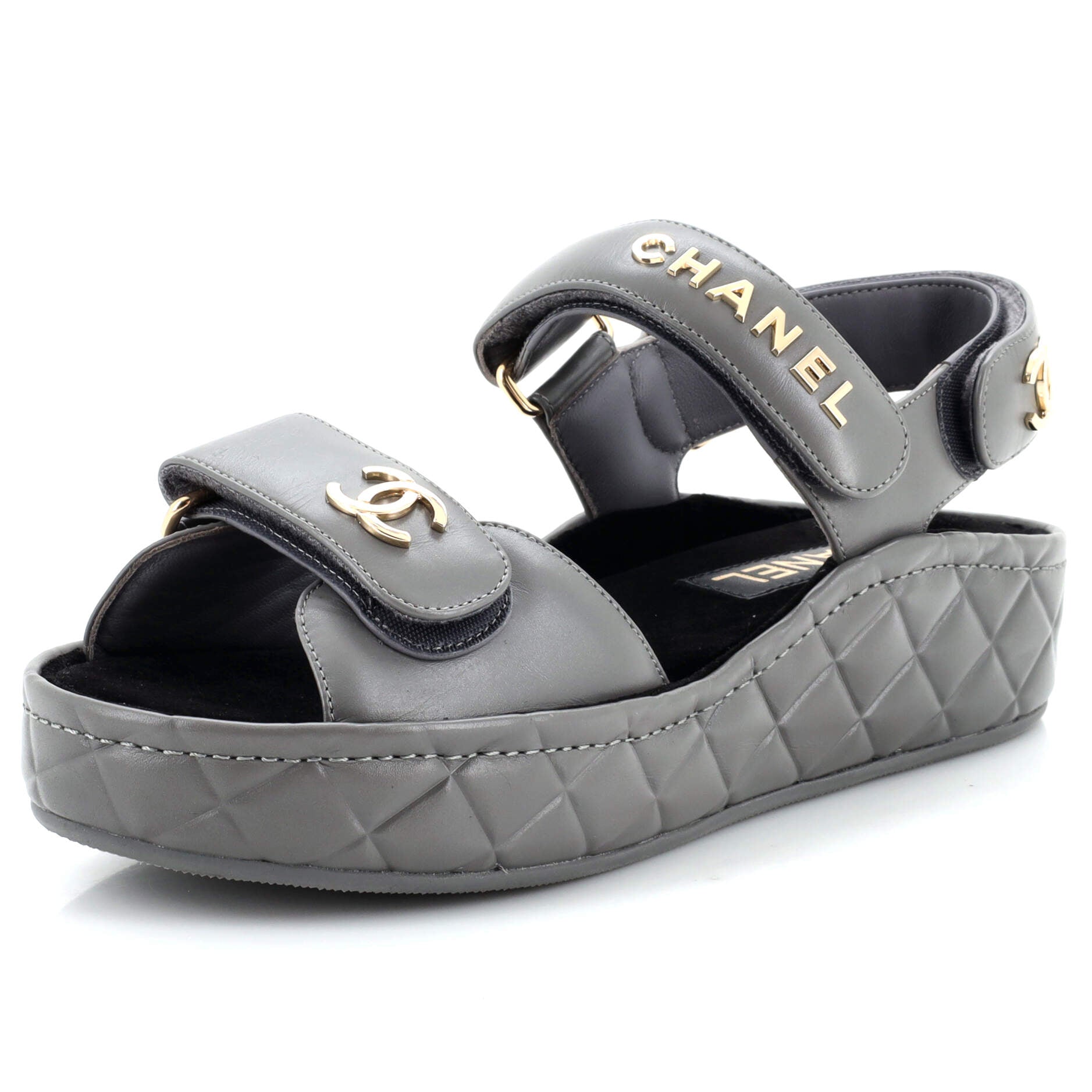 Women's Logo Velcro Strap Wedge Sandals Quilted Leather