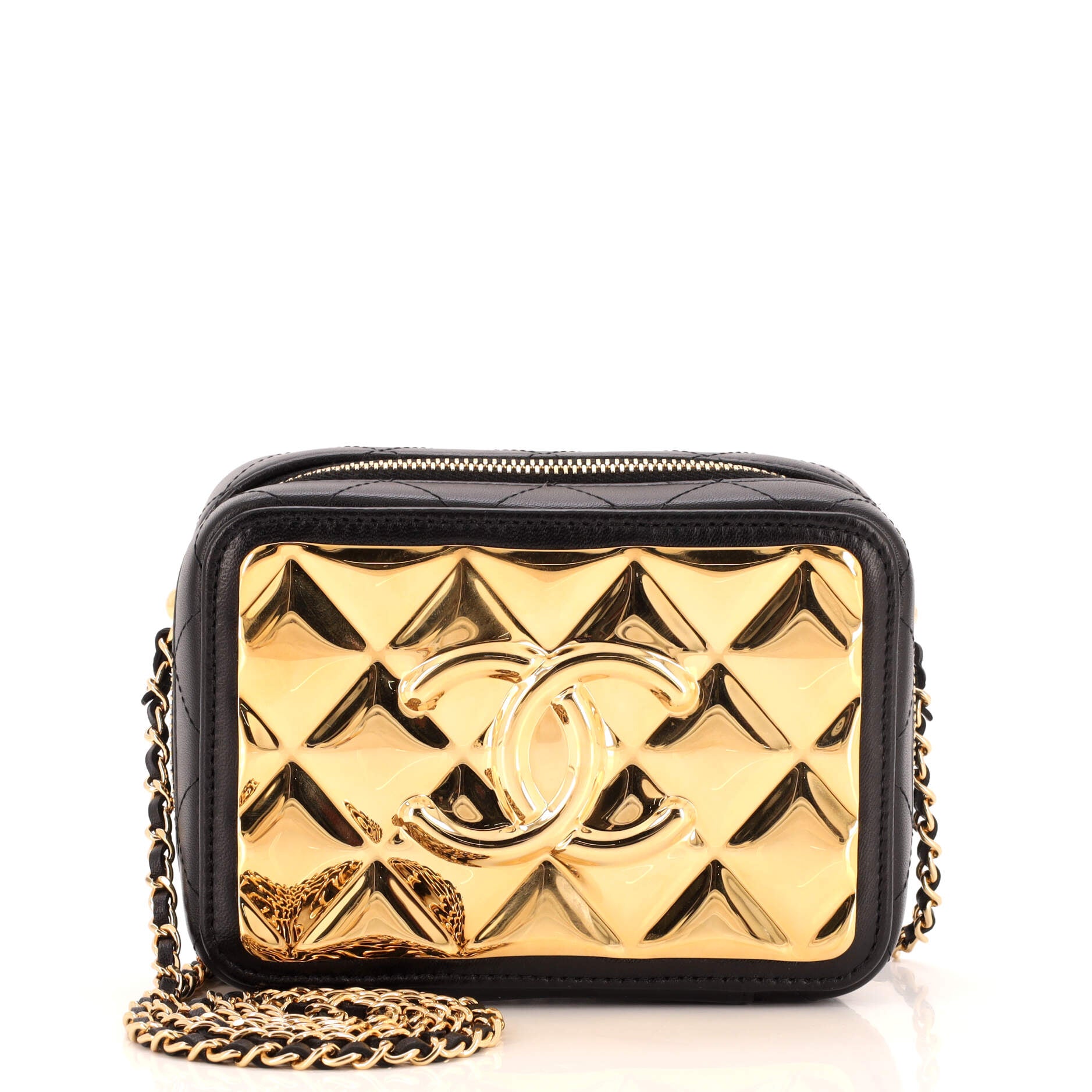 Golden Plate Zip Around Vanity Case with Chain Quilted Metal and Lambskin Mini