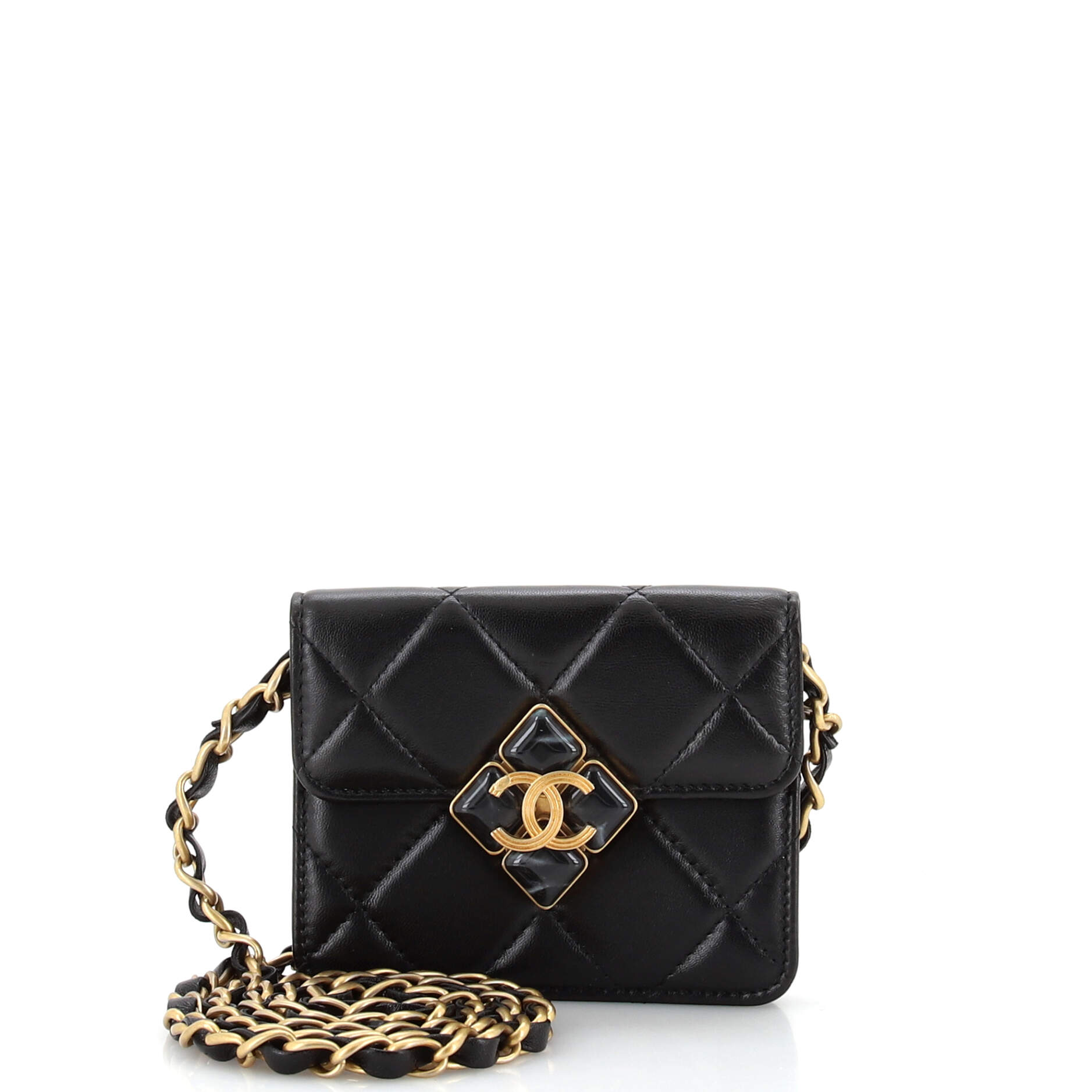 CC Diamond Lock Flap Card Holder on Chain Quilted Lambskin