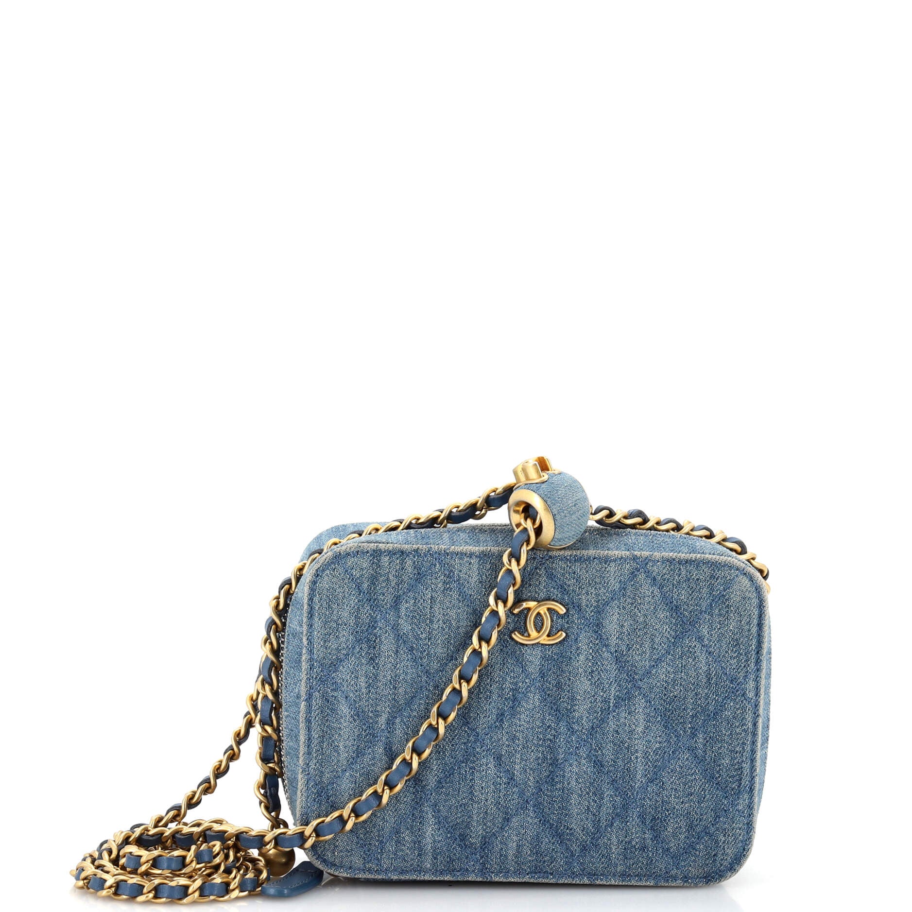 Pearl Crush Zip Around Vanity Case with Chain Quilted Denim Mini