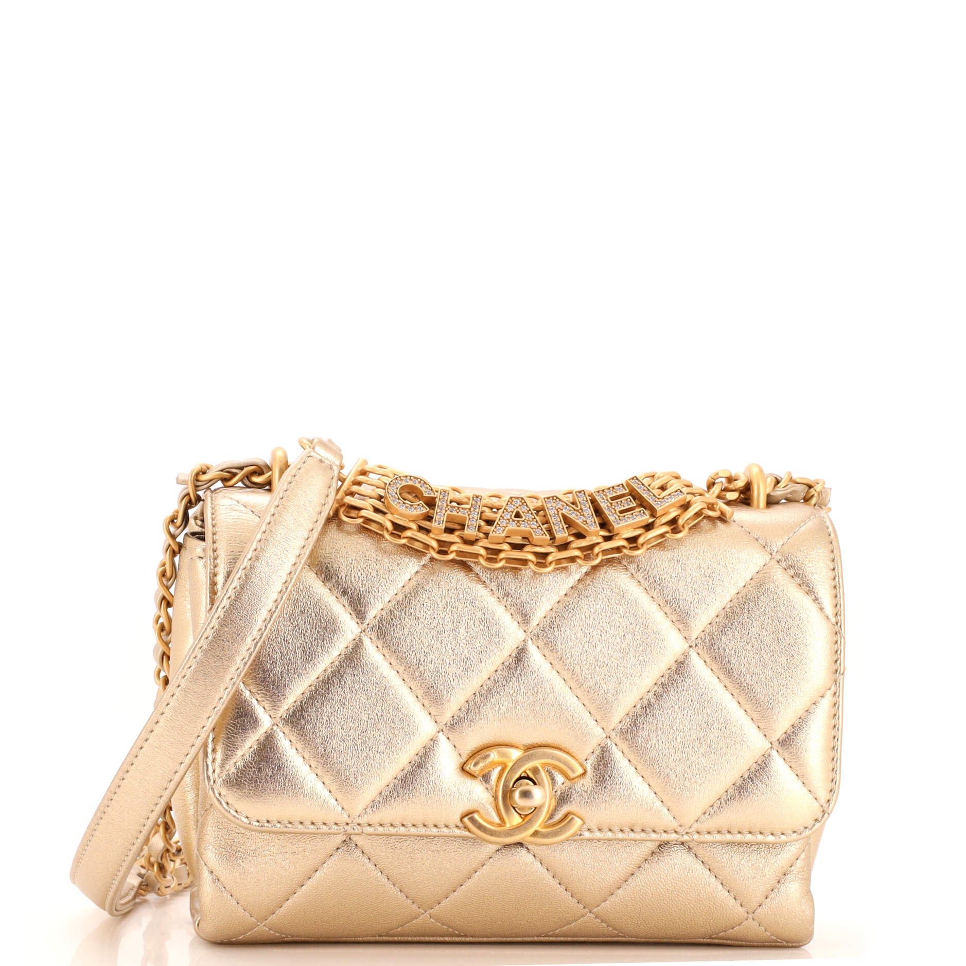 Crystal Logo Letters Chain Handle Flap Bag Quilted Lambskin Mini