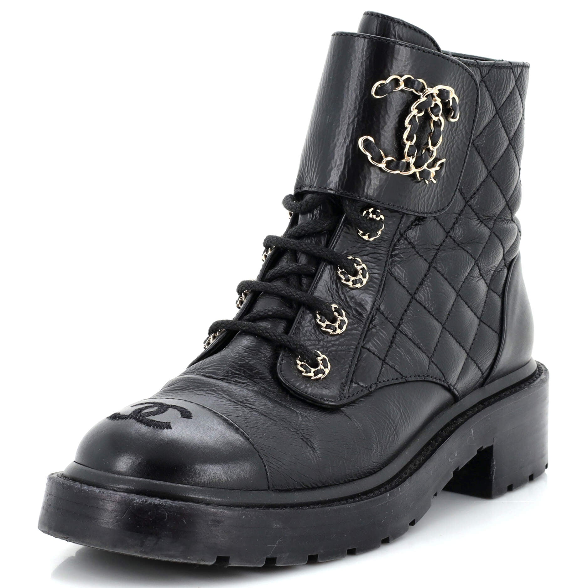 Women's Chain CC Cap Toe Lace Up Combat Boots Quilted Leather