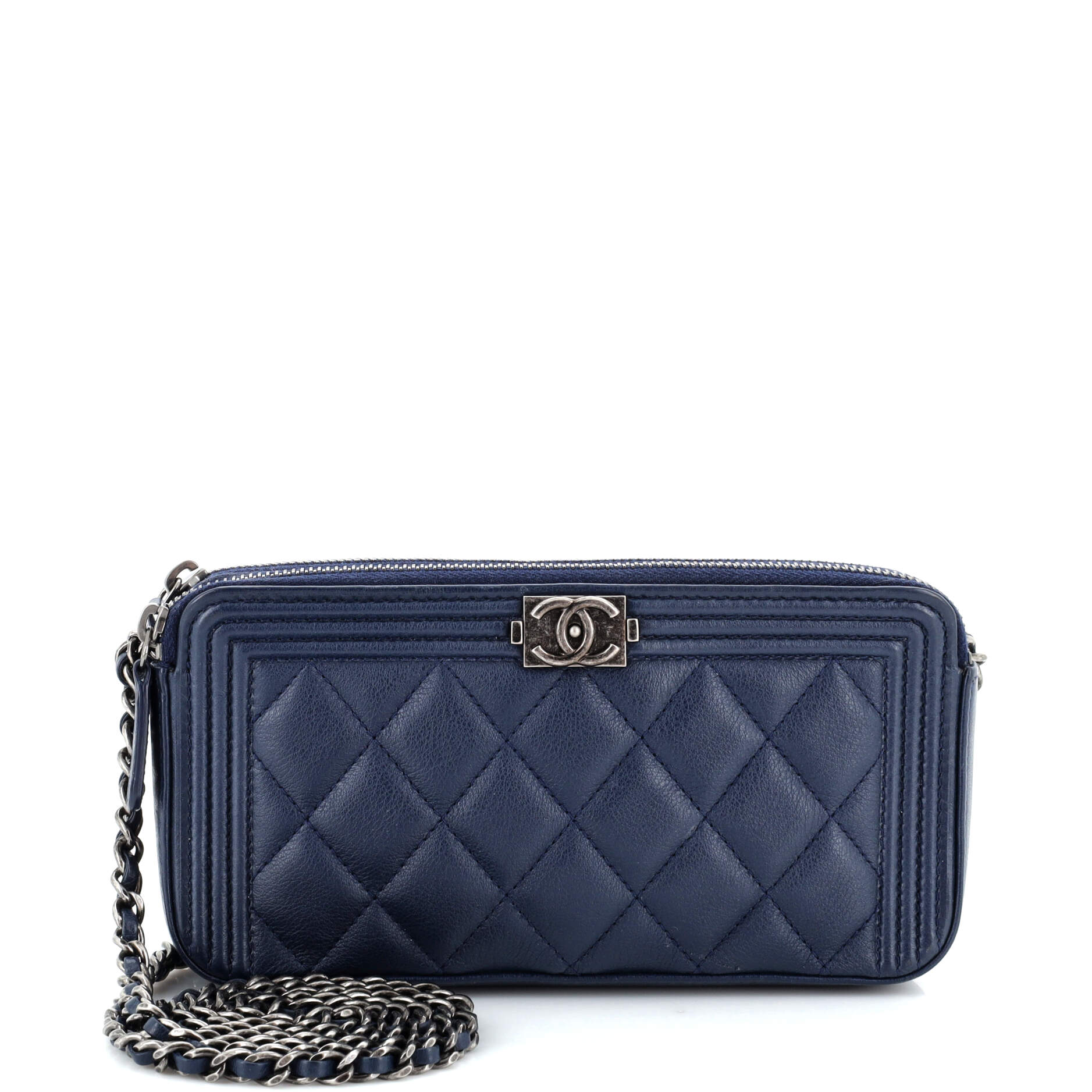 Boy Double Zip Clutch with Chain Quilted Caviar