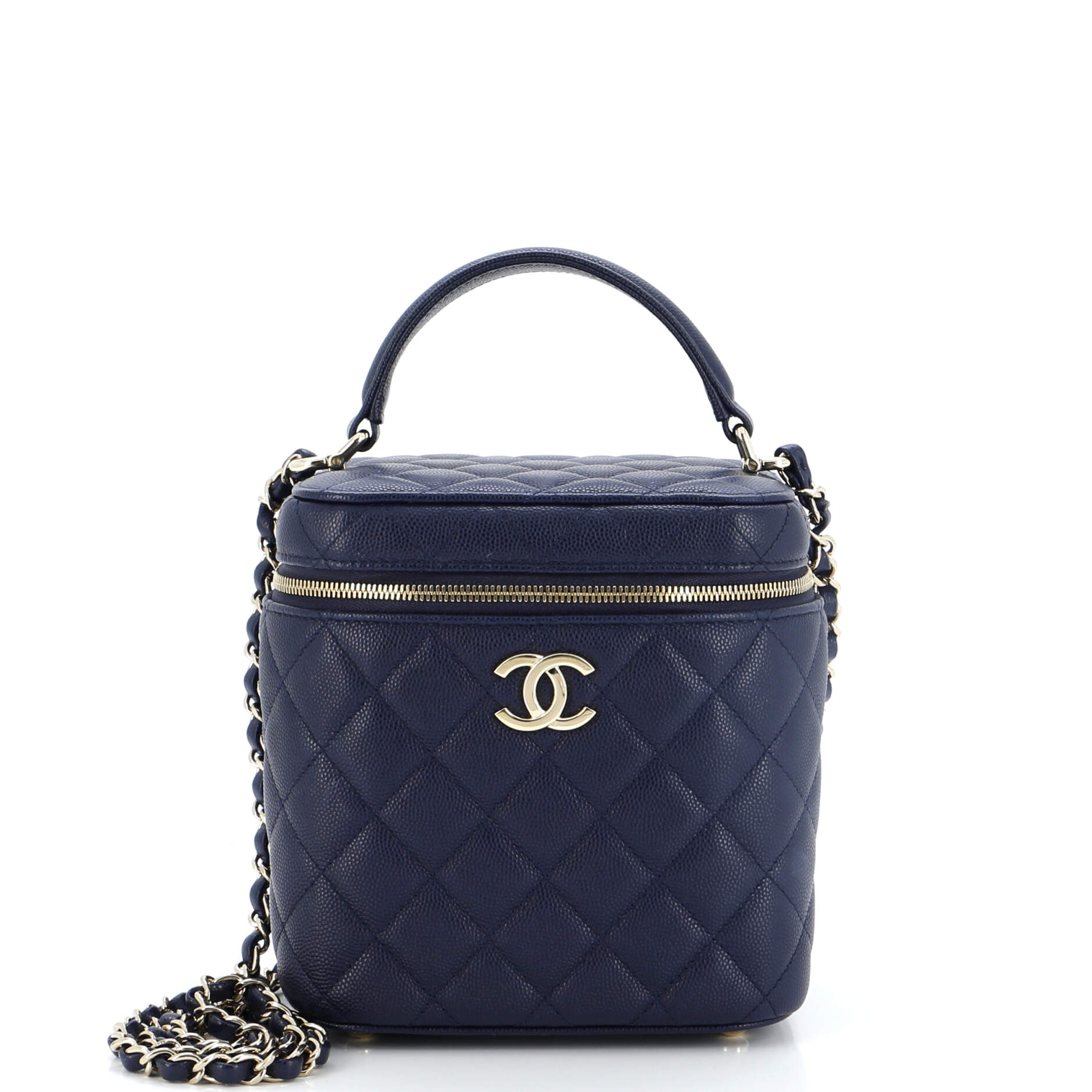 CC Top Handle Vanity Case with Chain Quilted Caviar Small