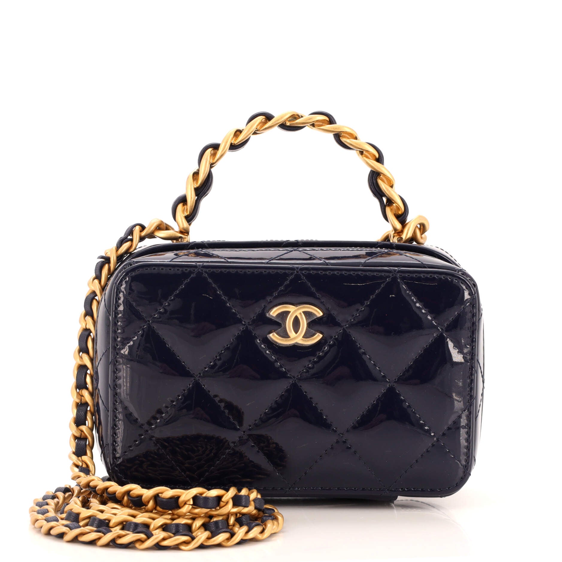 Woven Chain Top Handle Vanity Case Quilted Patent Mini