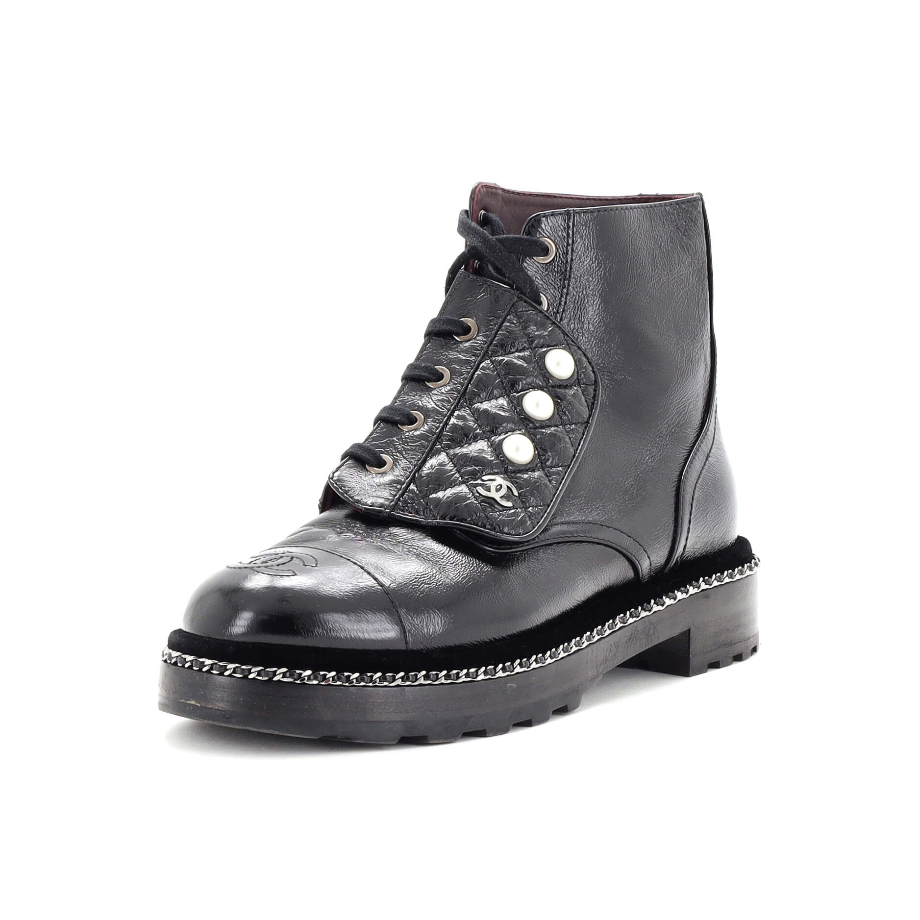 Women's Cap Toe CC Chain Around Pearl Combat Boots Leather