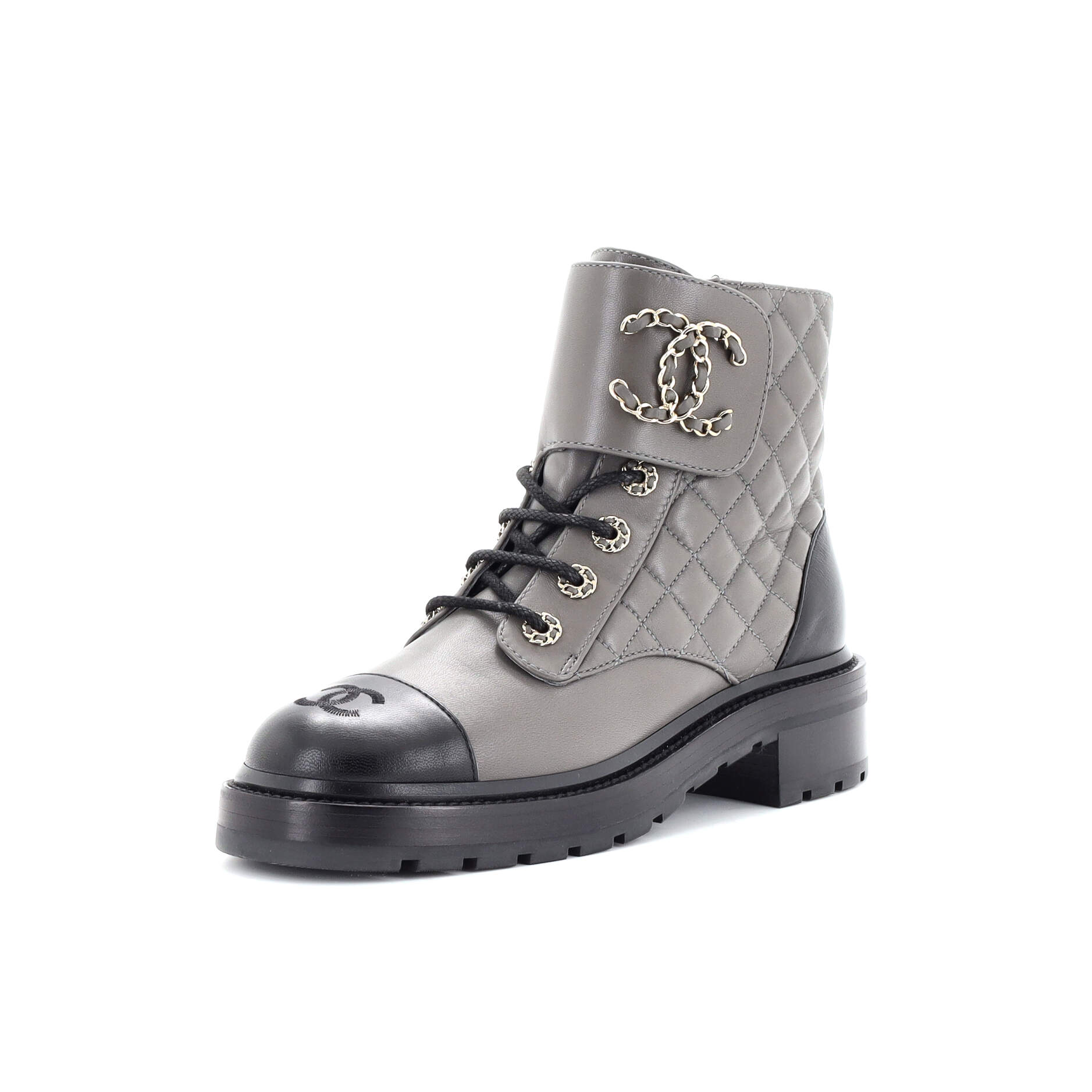 Women's Chain CC Cap Toe Lace Up Combat Boots Quilted Leather