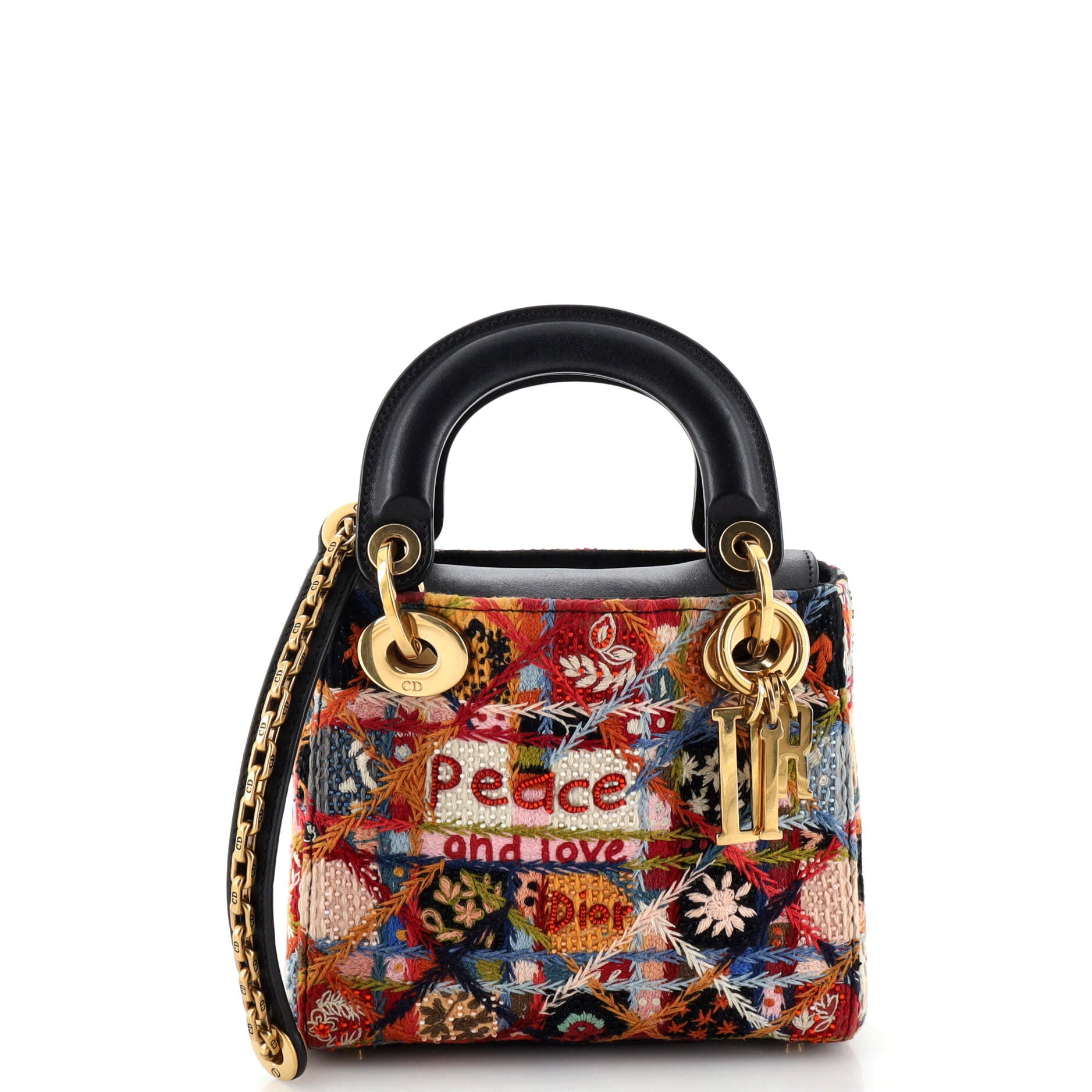 Peace and Love Lady Dior Bag Embroidered Canvas and Leather Mini