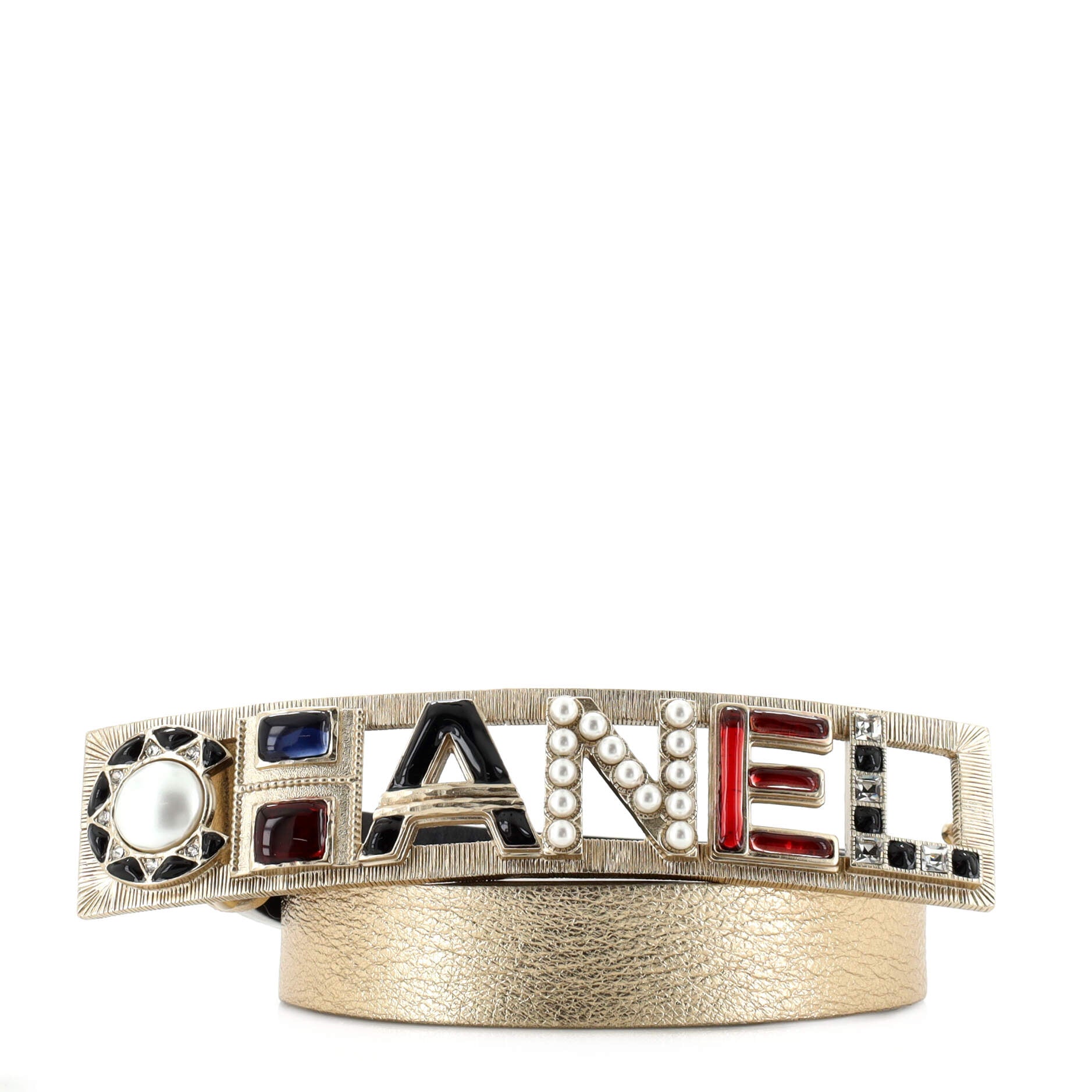 Logo Letters Cutout Buckle Belt Leather with Metal, Crystals, Faux Pearls and Resin Thin 75