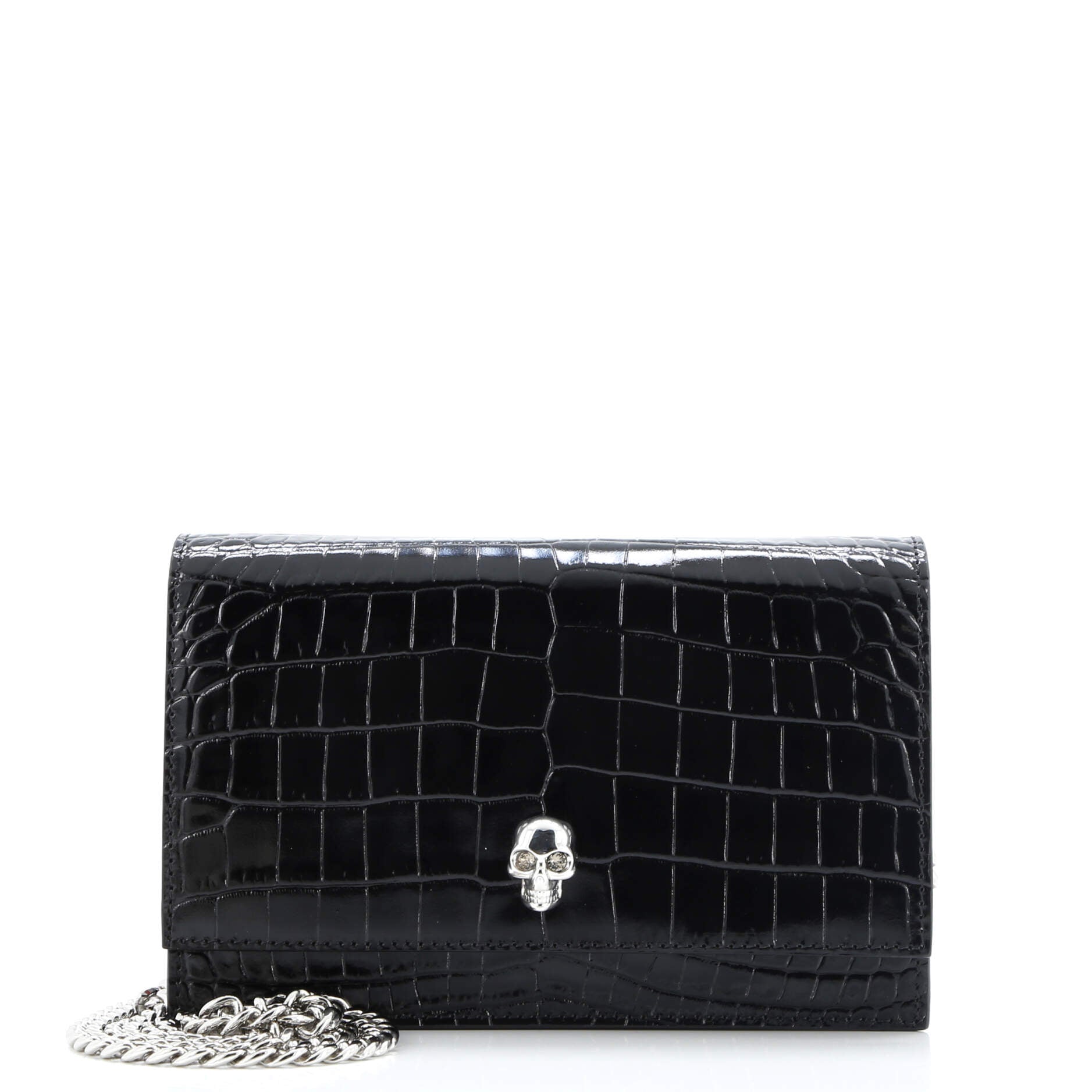 Skull Chain Crossbody Bag Crocodile Embossed Leather Mini