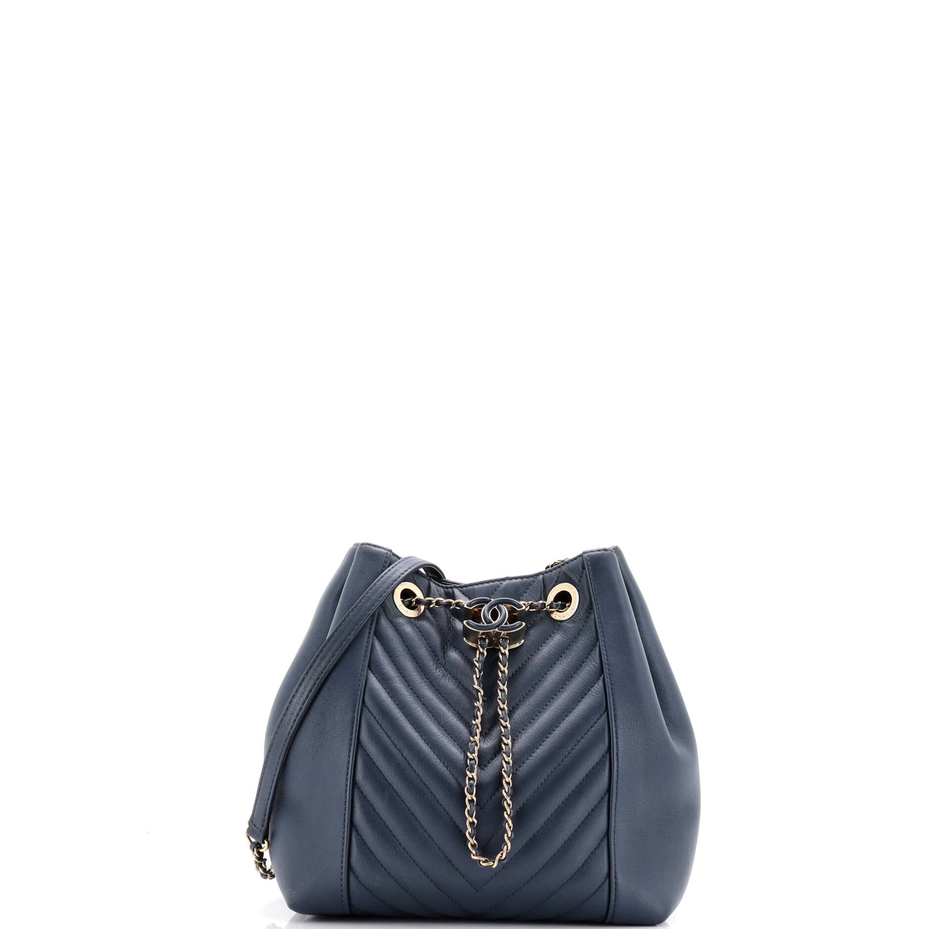 Daily Chevron Drawstring Bucket Bag Chevron Calfskin Small