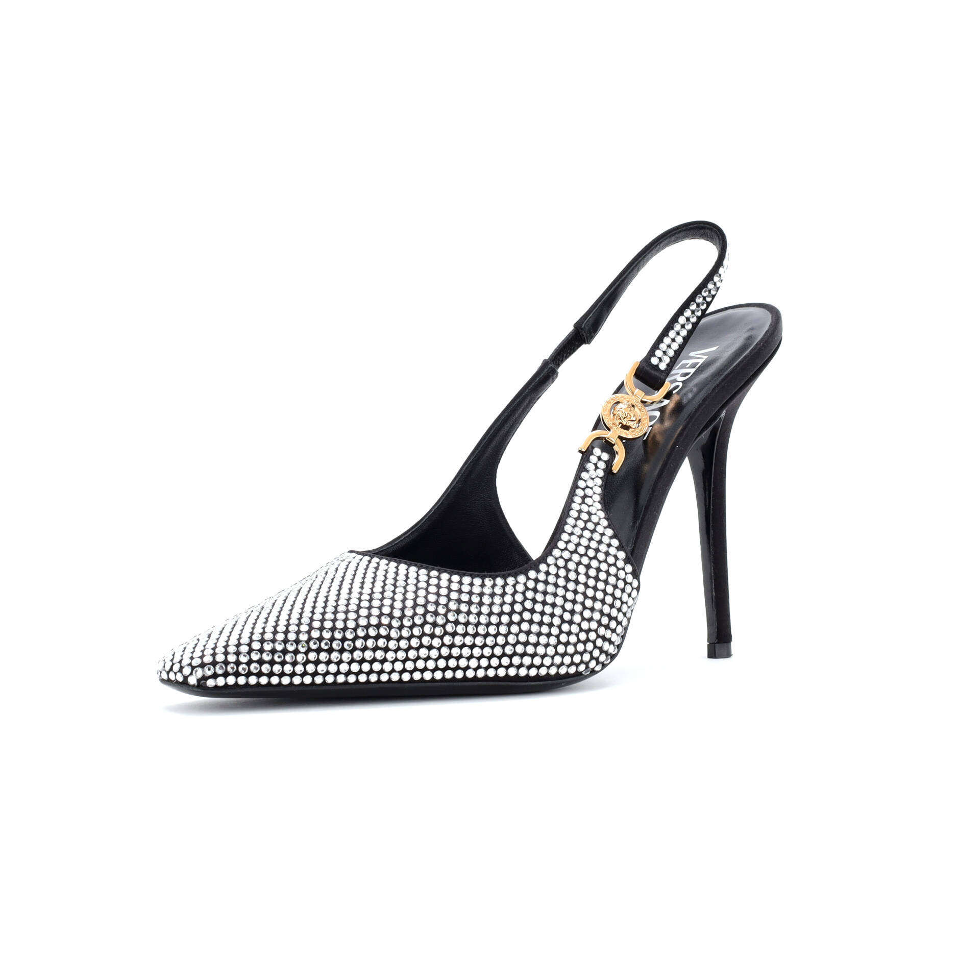 Women's Safety Pin Slingback Pumps Crystal Embellished Satin