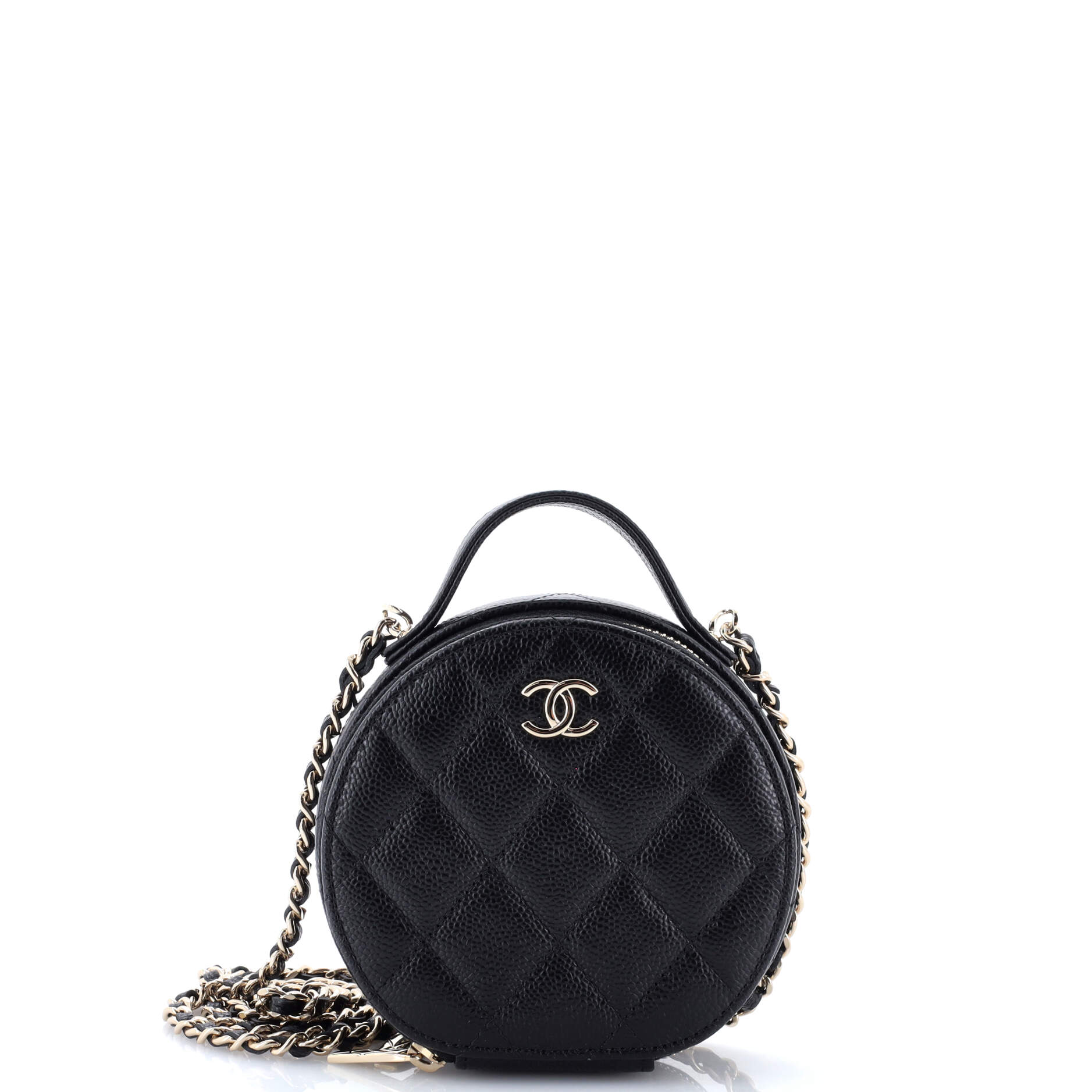 Handle with Care Round Vanity Case with Chain Quilted Caviar Small