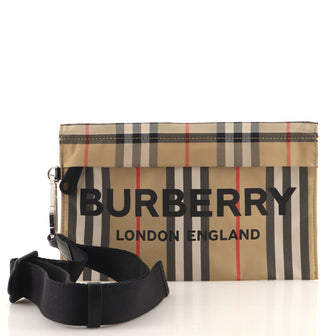 Burberry Logo Zip Wristlet Pouch Heritage Stripe Nylon Brown 11221281