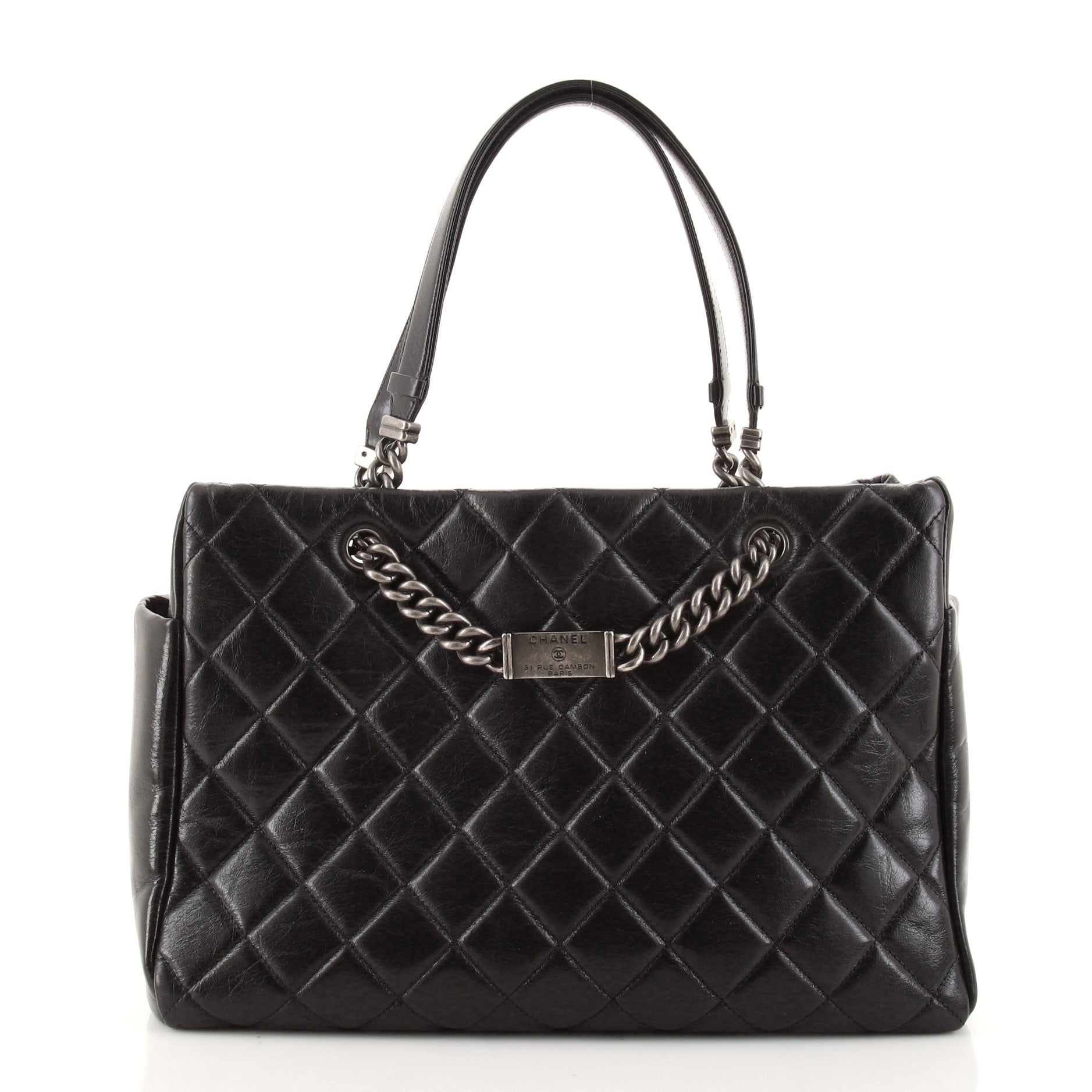 CHANEL Name Plate Tote Quilted Glazed Calfskin Medium | AccuWeather Shop