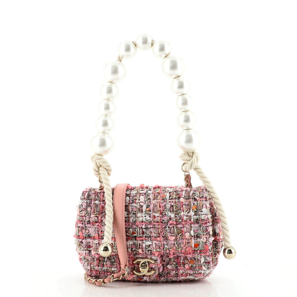 Chanel Pink Tweed Flap Bag With Large Pearl Handle  SS19 Collection at  1stDibs