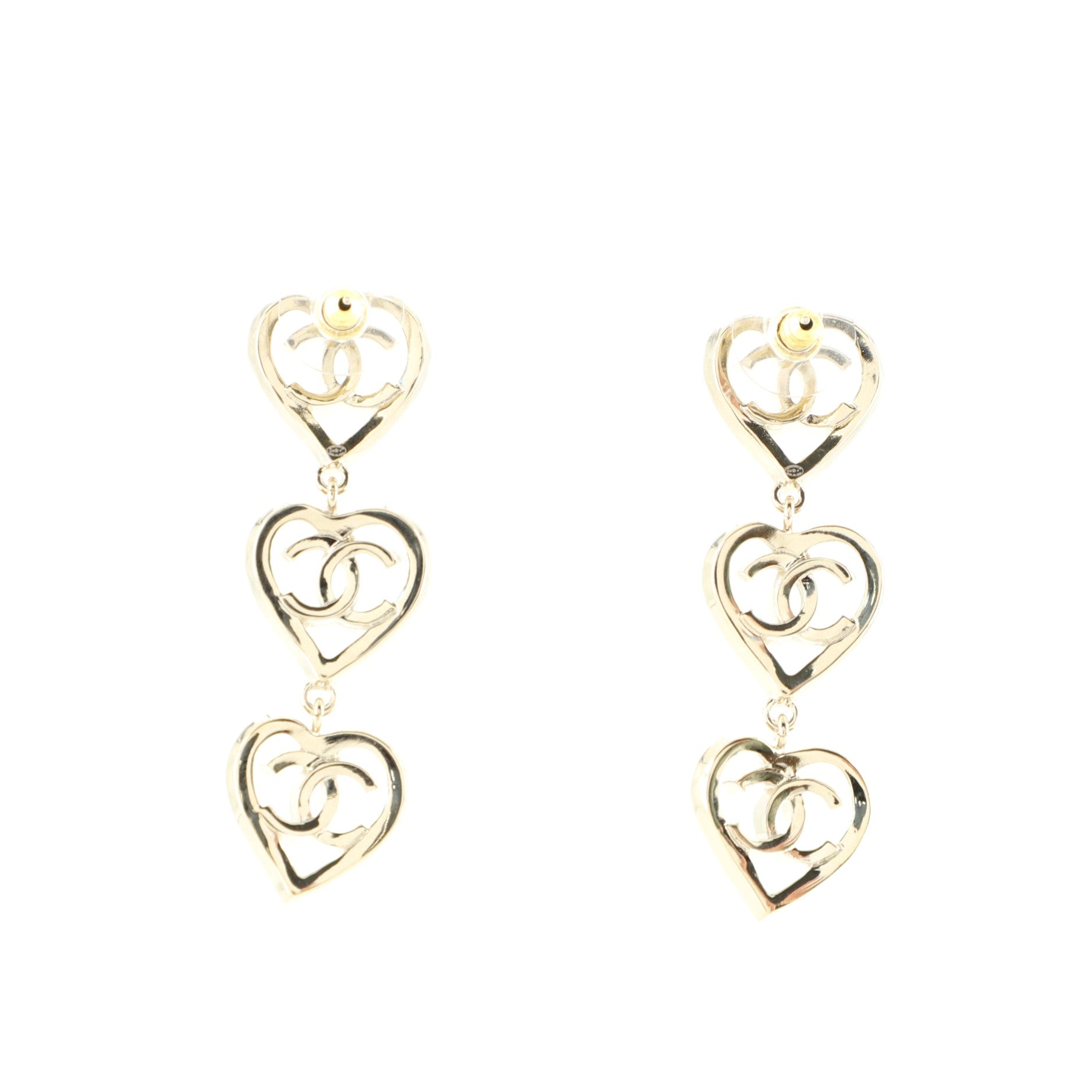 CHANEL Coco In Love Triple Heart CC Drop Earrings