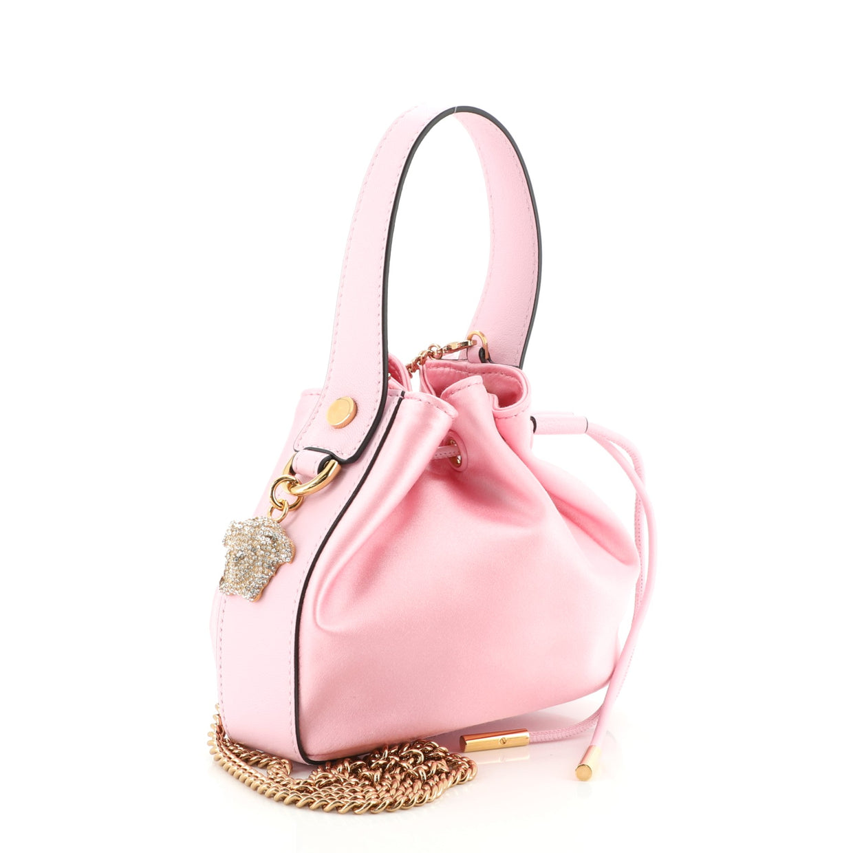 Versace Medusa Drawstring Bucket Bag Satin with Crystals Mini Pink 1374302