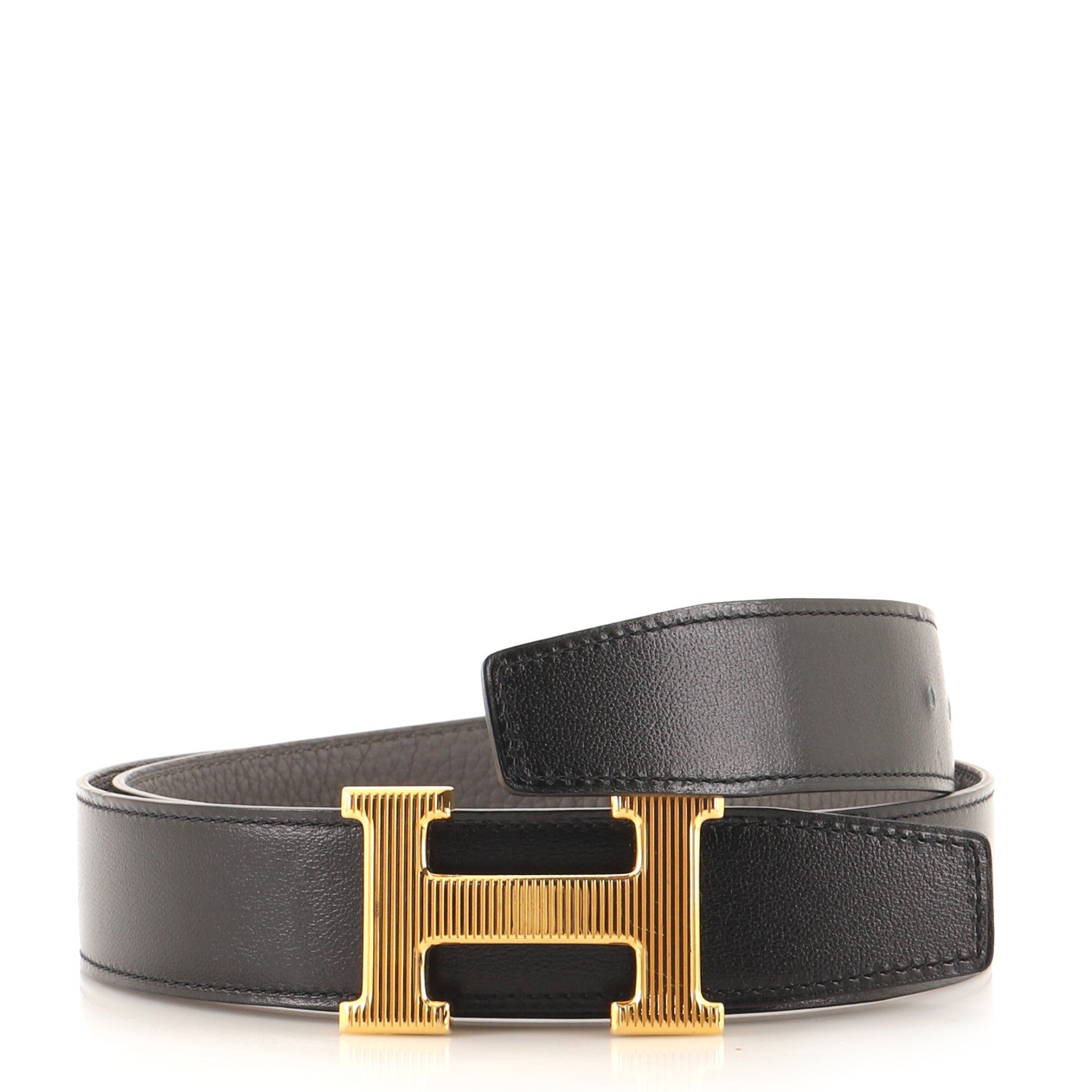 Hermes H Strie Buckle Reversible Belt Leather Medium 85 Black/Brown [Guaranteed authentic]