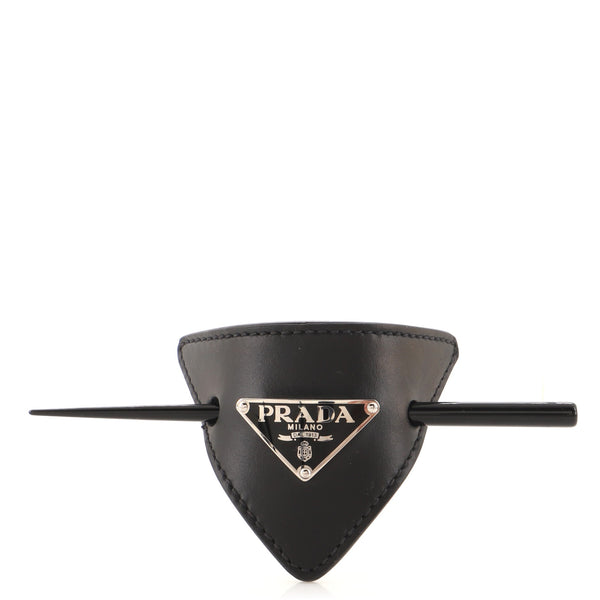 Prada Triangle Logo Pin Hair Clip Leather Black 1419072