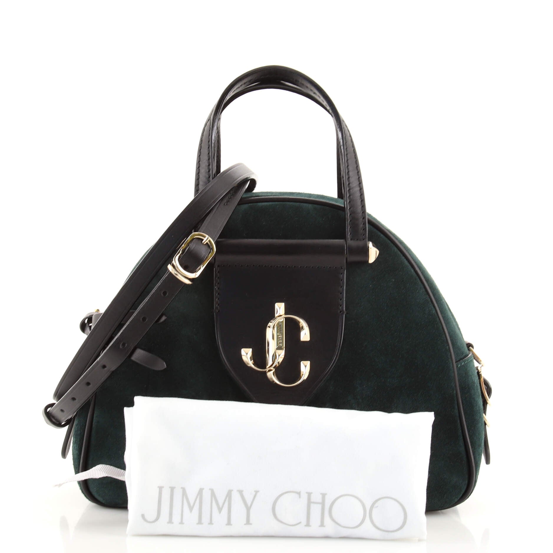 Jimmy Choo Varenne Small Bowling Bag Green Suede & Black Leather Crossbody