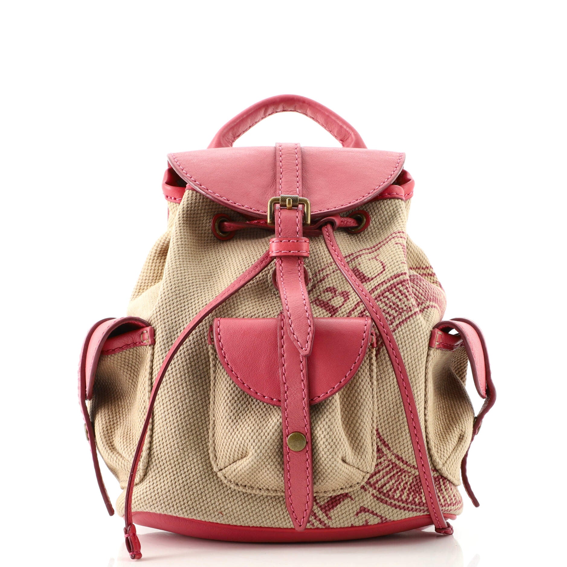 Burberry Multi Pocket Backpack Leather with Printed Canvas Small
