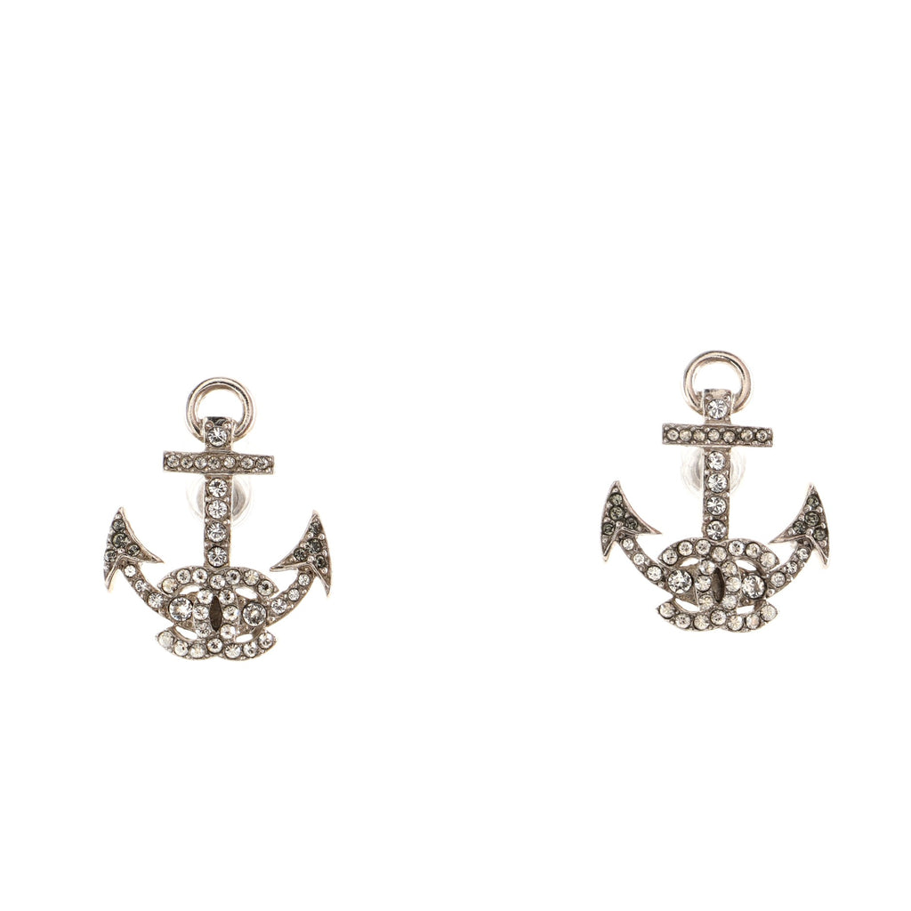 Chanel CC Anchor Stud Earrings Crystal Embellished Metal Silver 14988813